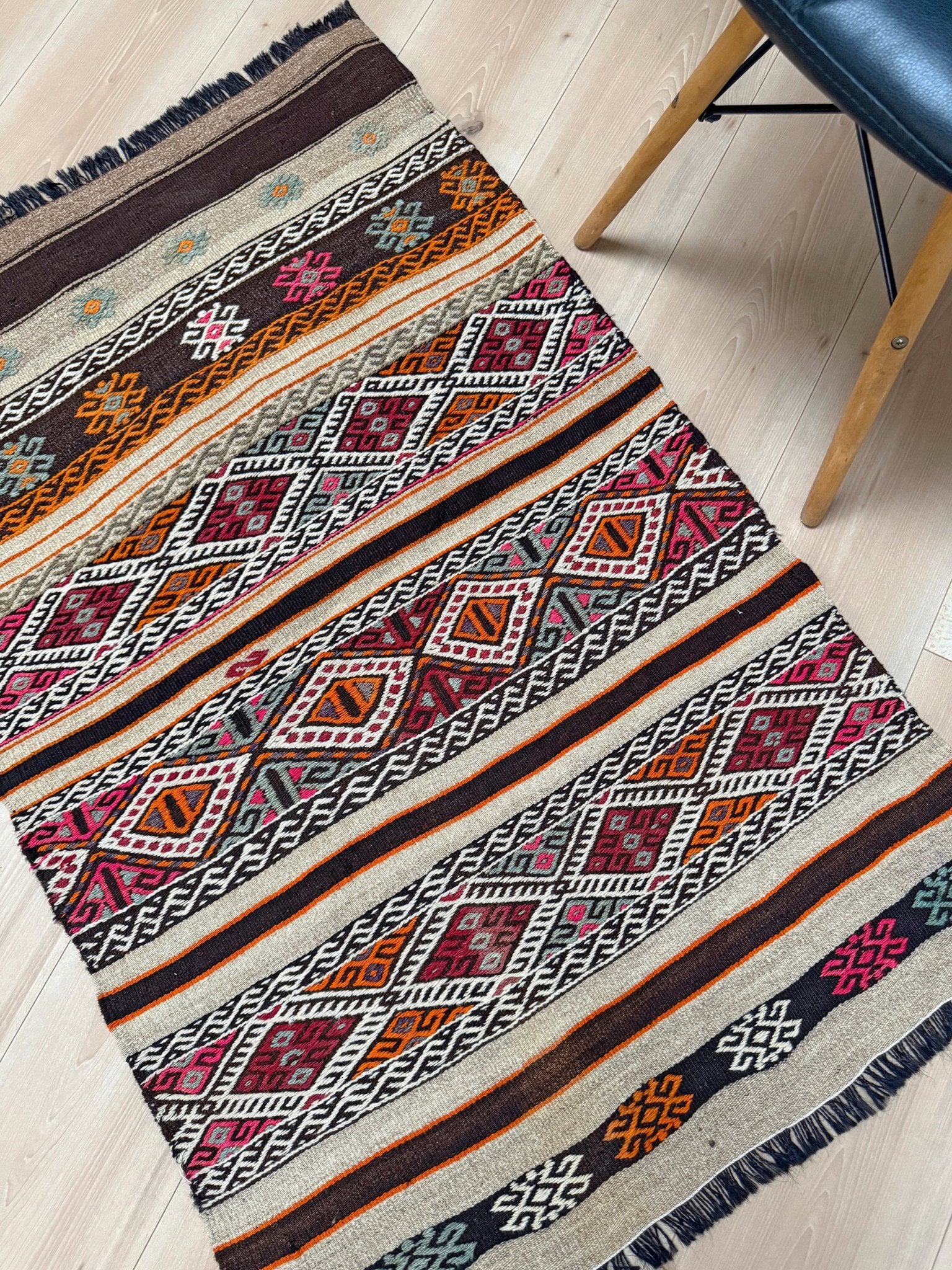 3x4 Vintage Kars Cicim kilim rug with tribal embroidered bands in espresso brown, ivory, rust orange, and fuchsia — handwoven wool flatweave on goat hair foundation from Eastern Turkey, available at Indigo Rugs, Burlingame CA.