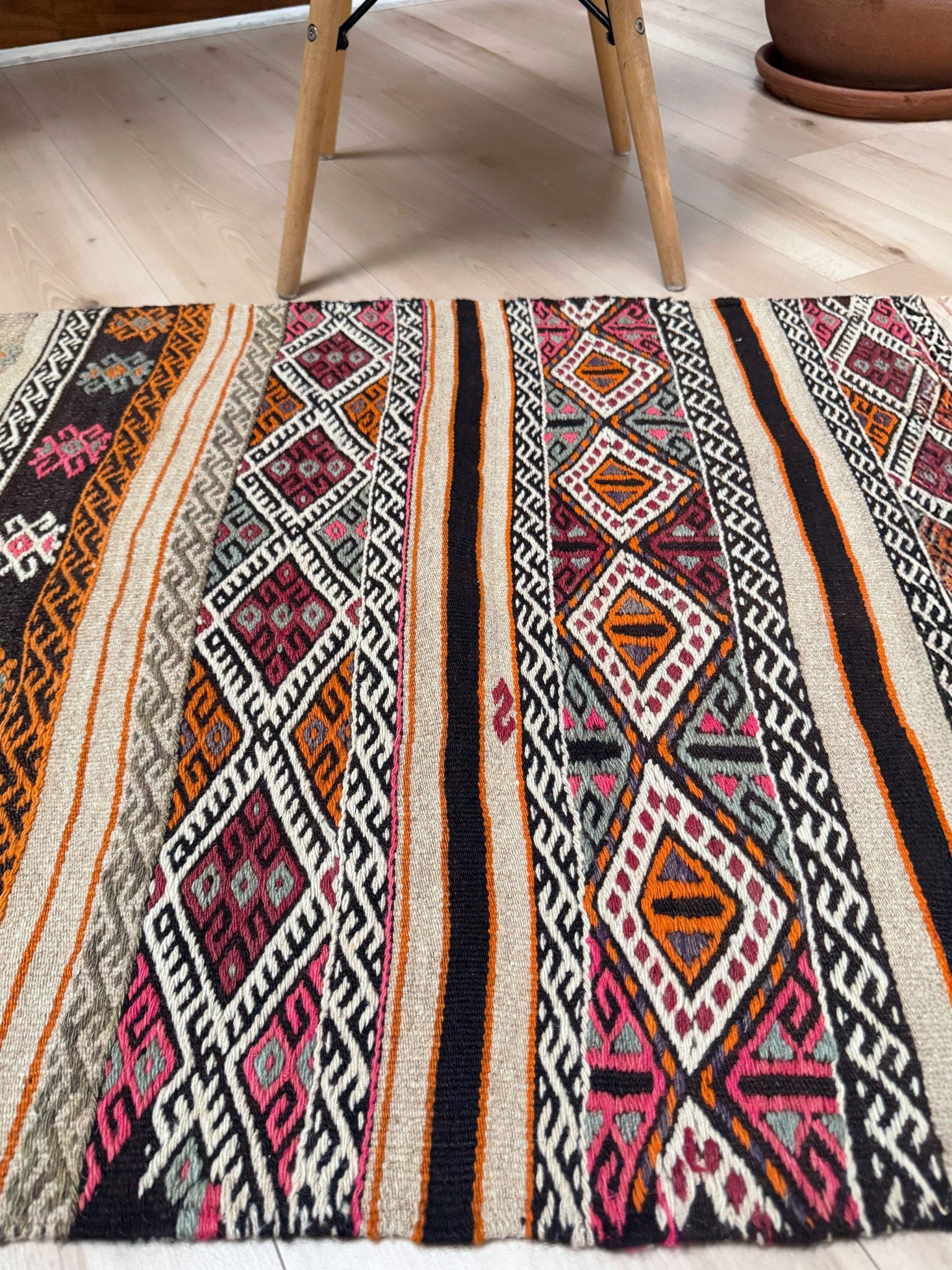 3x4 Vintage Kars Cicim kilim rug with tribal embroidered bands in espresso brown, ivory, rust orange, and fuchsia — handwoven wool flatweave on goat hair foundation from Eastern Turkey, available at Indigo Rugs, Burlingame CA.