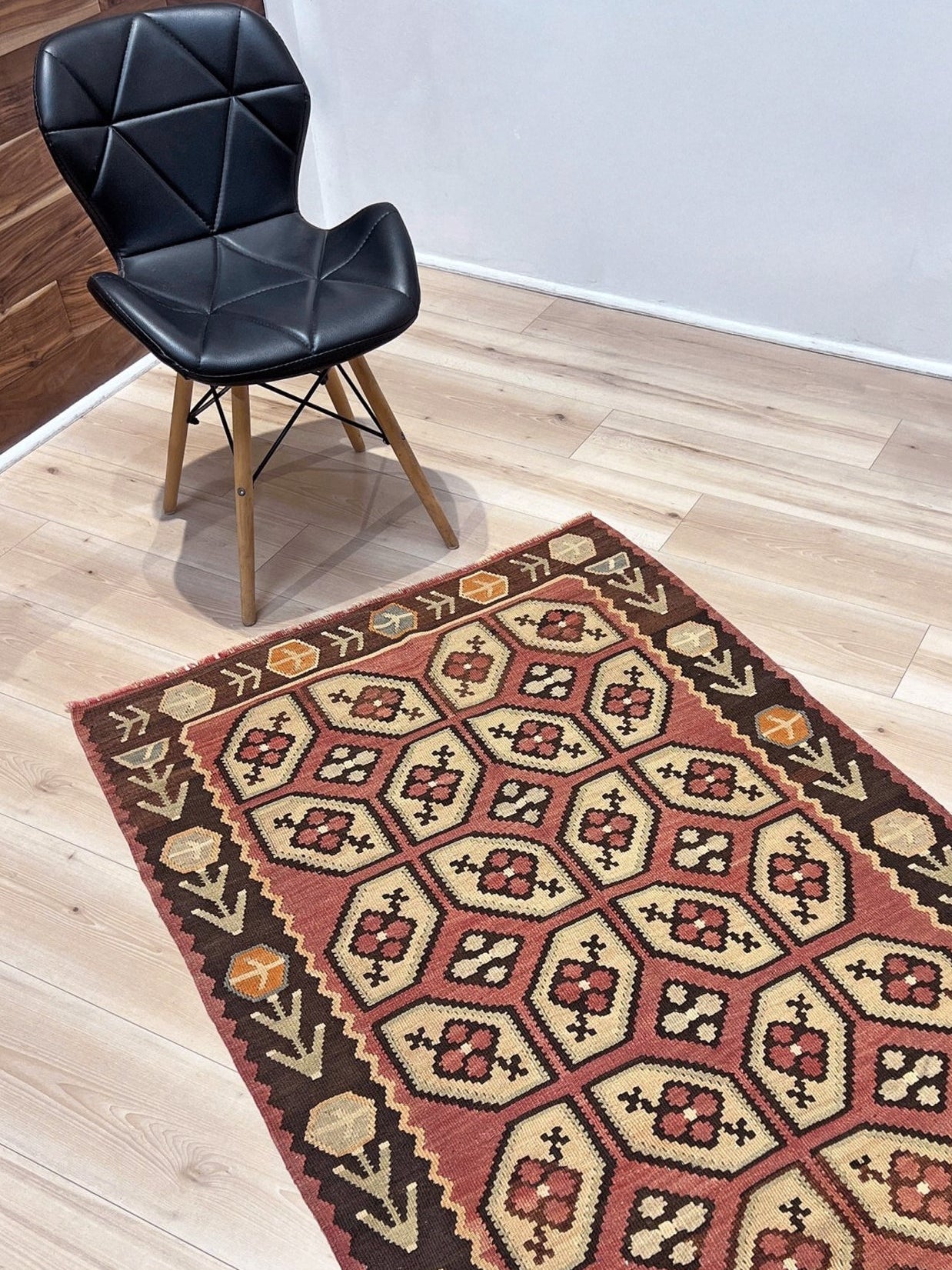 Vintage Floral Balkan kilim flatweave rug in blush terracotta, cream, and cocoa brown with geometric floral motifs — handmade wool wall hanging from the 1960s, available at Indigo Rugs, the best rug shop in San Francisco Bay Area, Burlingame CA.