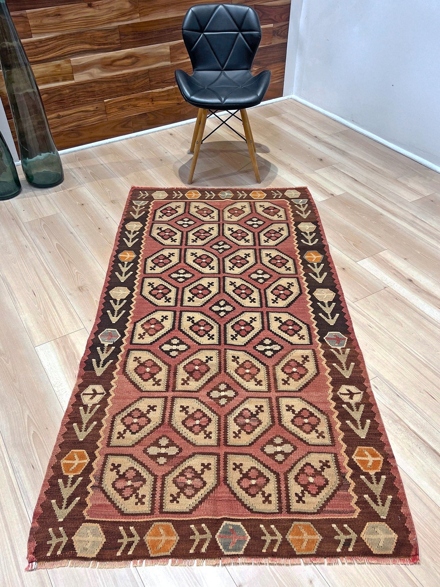 Vintage Floral Balkan kilim flatweave rug in blush terracotta, cream, and cocoa brown with geometric floral motifs — handmade wool wall hanging from the 1960s, available at Indigo Rugs, the best rug shop in San Francisco Bay Area, Burlingame CA.