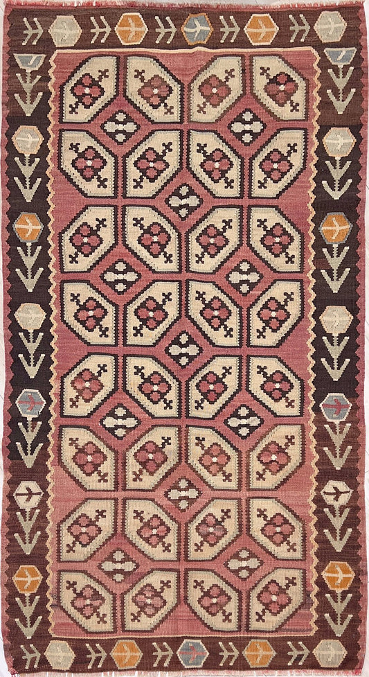 Vintage Floral Balkan kilim flatweave rug in blush terracotta, cream, and cocoa brown with geometric floral motifs — handmade wool wall hanging from the 1960s, available at Indigo Rugs, the best rug shop in San Francisco Bay Area, Burlingame CA.