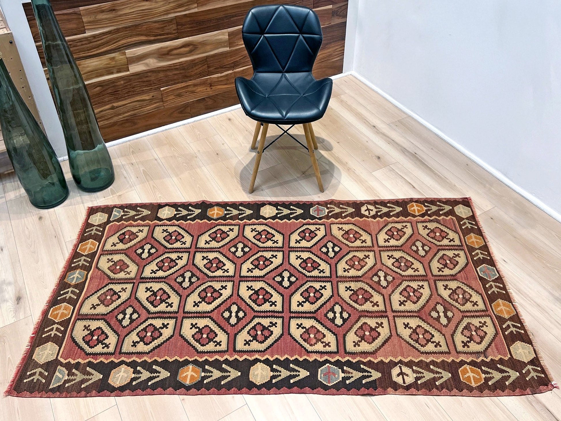Vintage Floral Balkan kilim flatweave rug in blush terracotta, cream, and cocoa brown with geometric floral motifs — handmade wool wall hanging from the 1960s, available at Indigo Rugs, the best rug shop in San Francisco Bay Area, Burlingame CA.