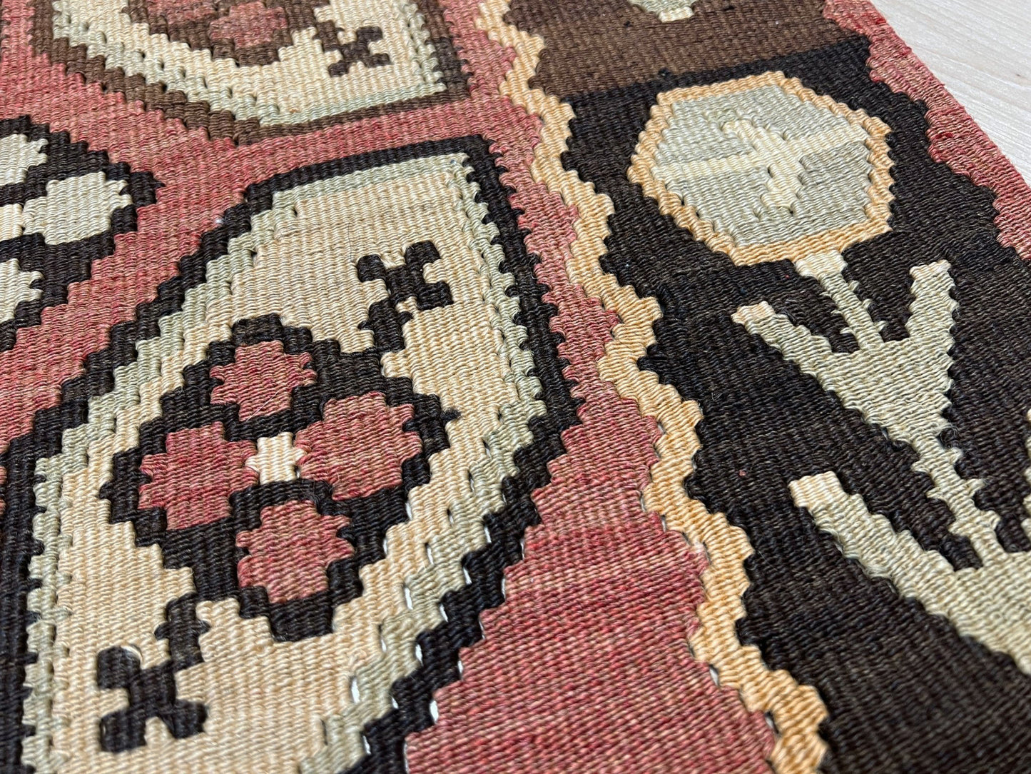 Vintage Floral Balkan kilim flatweave rug in blush terracotta, cream, and cocoa brown with geometric floral motifs — handmade wool wall hanging from the 1960s, available at Indigo Rugs, the best rug shop in San Francisco Bay Area, Burlingame CA.