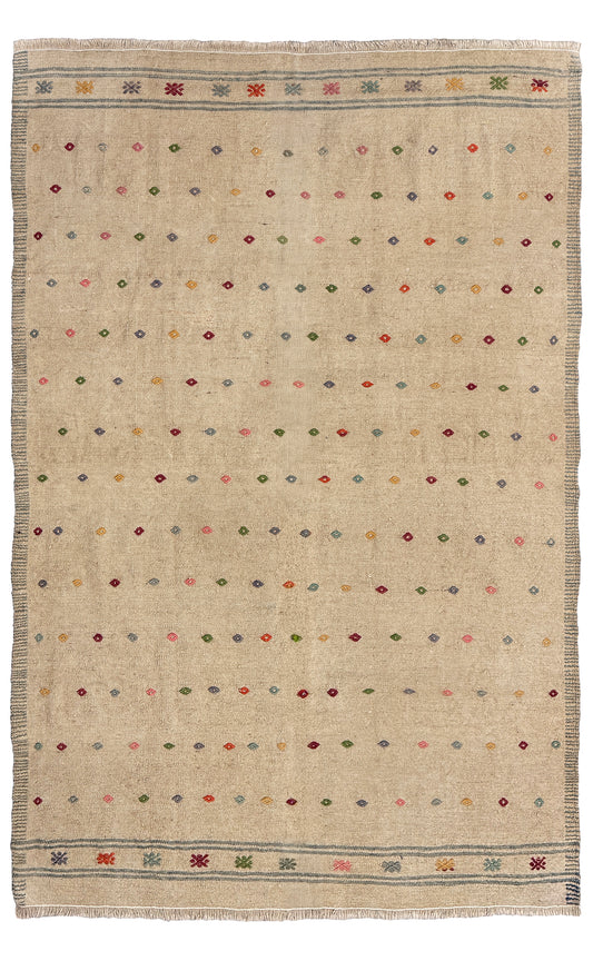 Vintage Turkish neutral kilim rug, 4x6, with small colorful tribal motifs on a natural wool background.