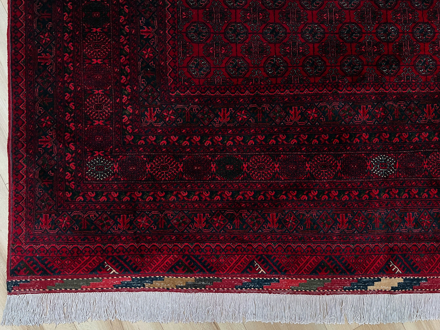 7X9 Khoja Roshnai Crimson red warm colored Turkmen Rug. Handmade Wool Afghan Rug. Oriental rug shop san francisco bay area Menlo Park Palo Alto