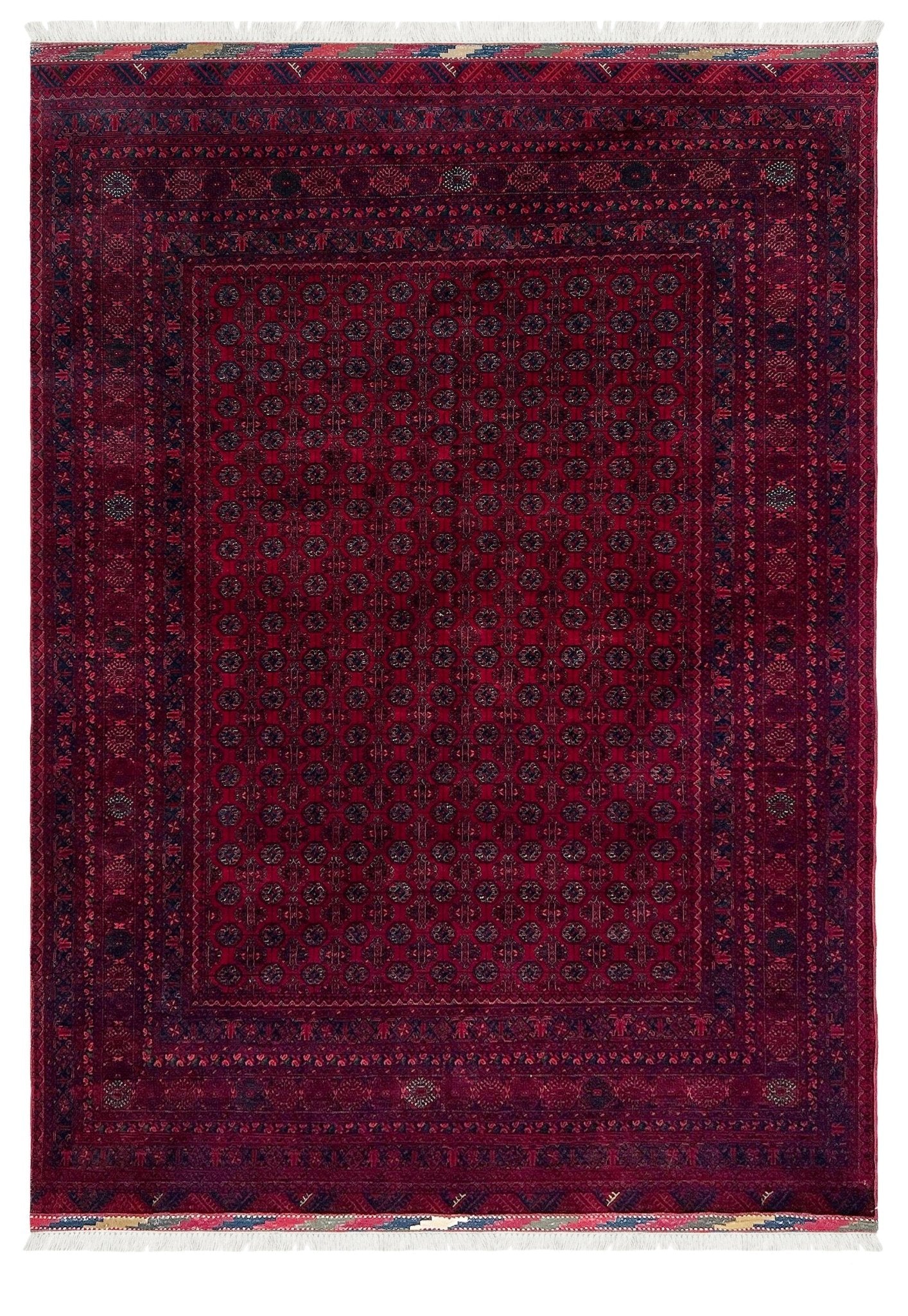 Traditional Turkmen Khoja Roshnai rug with crimson field, repeating gul motifs, handmade merino wool area rug 7x10 with velvety pile from Indigo Rugs Burlingame Bay Area.