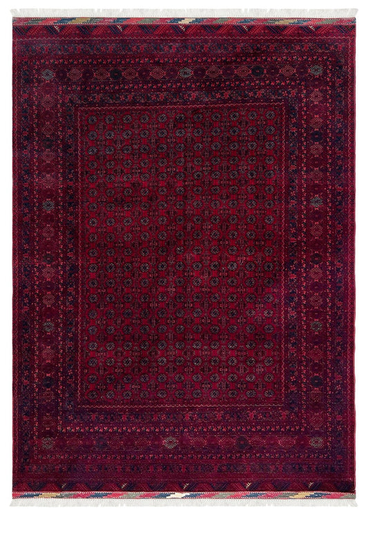 Traditional Turkmen Khoja Roshnai rug with crimson field, repeating gul motifs, handmade merino wool area rug 7x10 with velvety pile from Indigo Rugs Burlingame Bay Area.