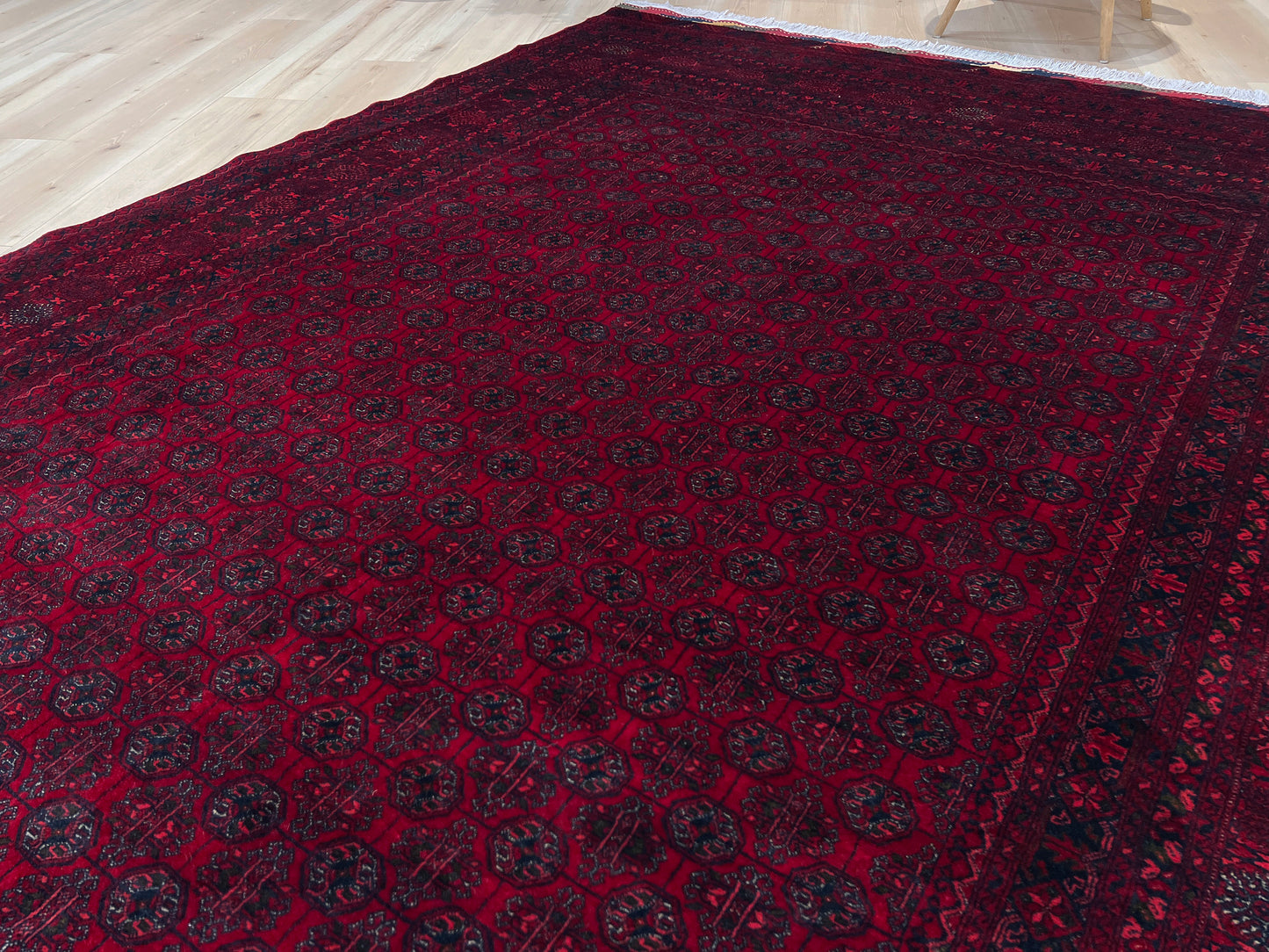 7X9 Khoja Roshnai Crimson red warm colored Turkmen Rug. Handmade Wool Afghan Rug. Oriental rug shop san francisco bay area Menlo Park Palo Alto