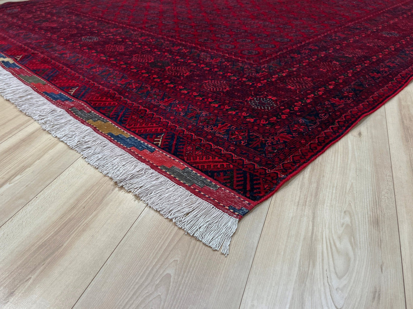 7X9 Khoja Roshnai Crimson red warm colored Turkmen Rug. Handmade Wool Afghan Rug. Oriental rug shop san francisco bay area Menlo Park Palo Alto