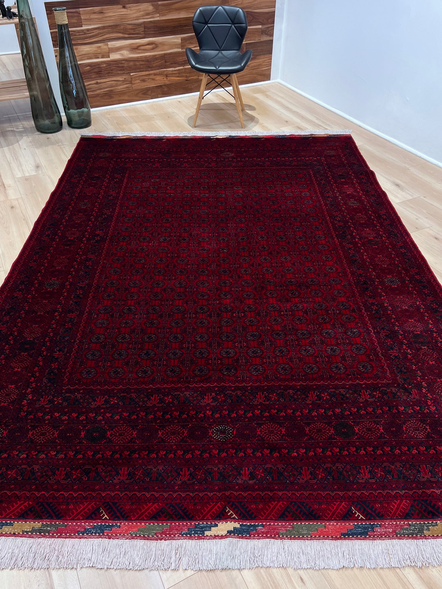 7X9 Khoja Roshnai Crimson red warm colored Turkmen Rug. Handmade Wool Afghan Rug. Oriental rug shop san francisco bay area Menlo Park Palo Alto