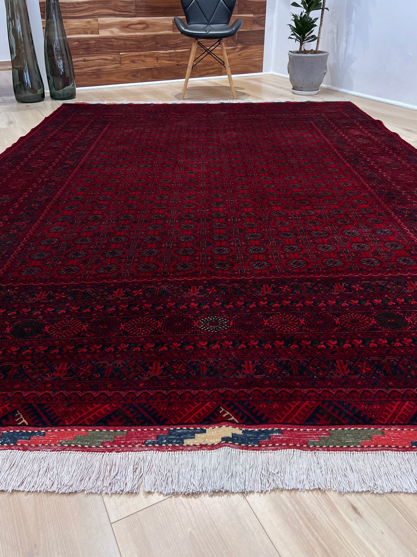 7X9 Khoja Roshnai Crimson red warm colored Turkmen Rug. Handmade Wool Afghan Rug. Oriental rug shop san francisco bay area Menlo Park Palo Alto