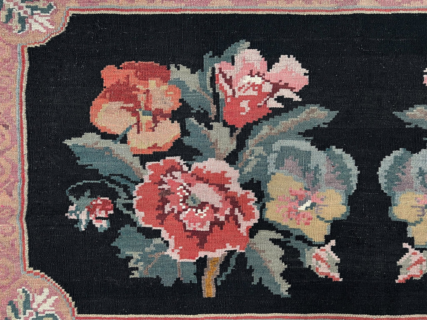 Moldovan Rose Kilim • Handmade Floral Vintage European Flatweave Rug / Wall Art (4'x7'6")