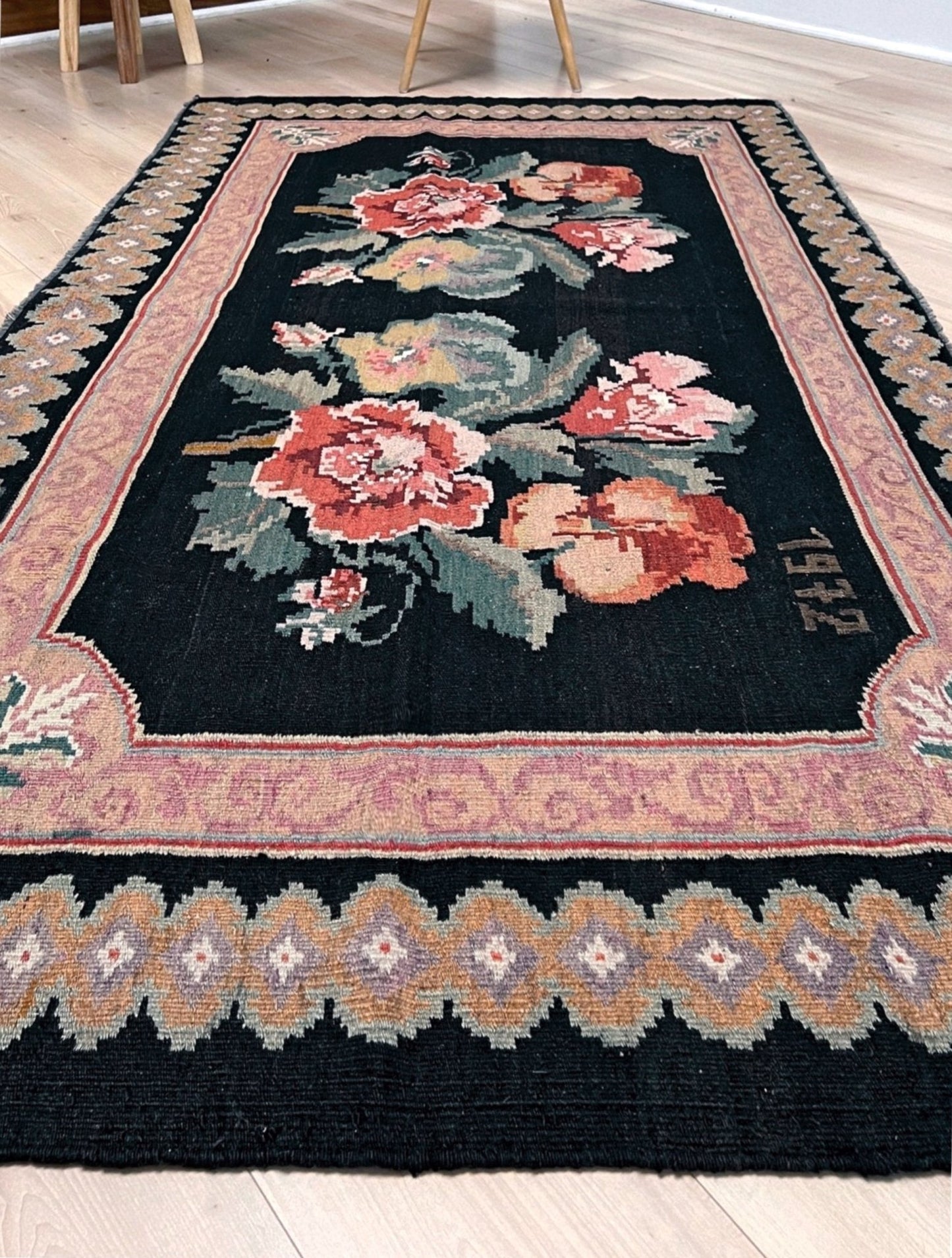vintage moldovan rose kilim rug 4x7 handmade floral black field dated 1972 handmade rug san francisco bay area rug shop indigo rugs
