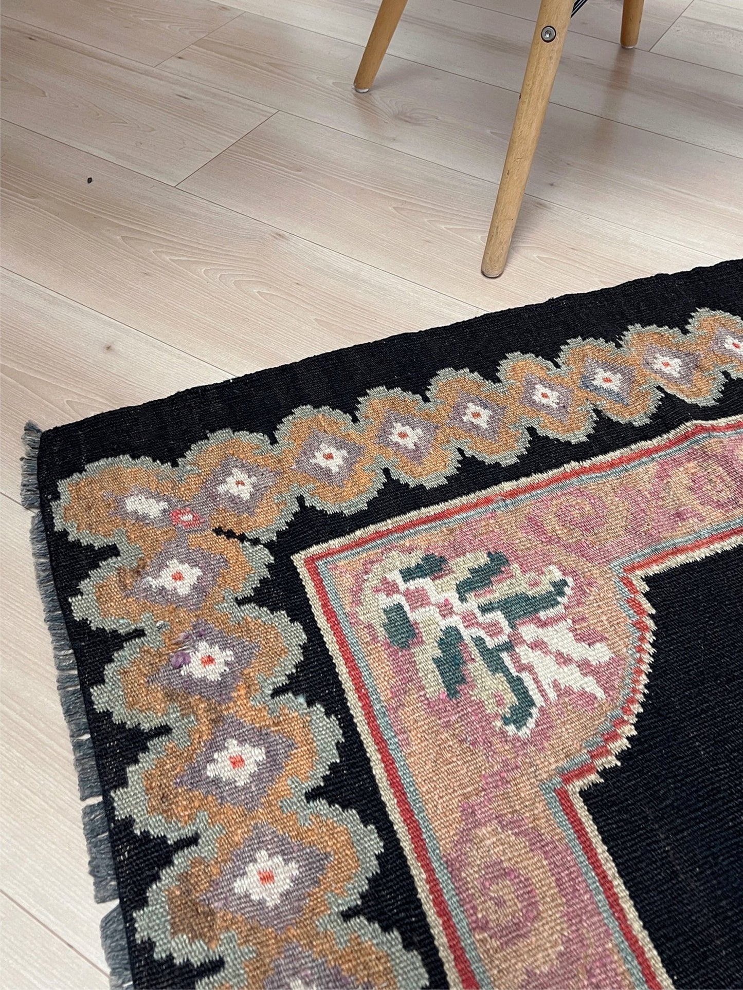 vintage moldovan rose kilim rug 4x7 handmade floral black field dated 1972 handmade rug san francisco bay area rug shop indigo rugs