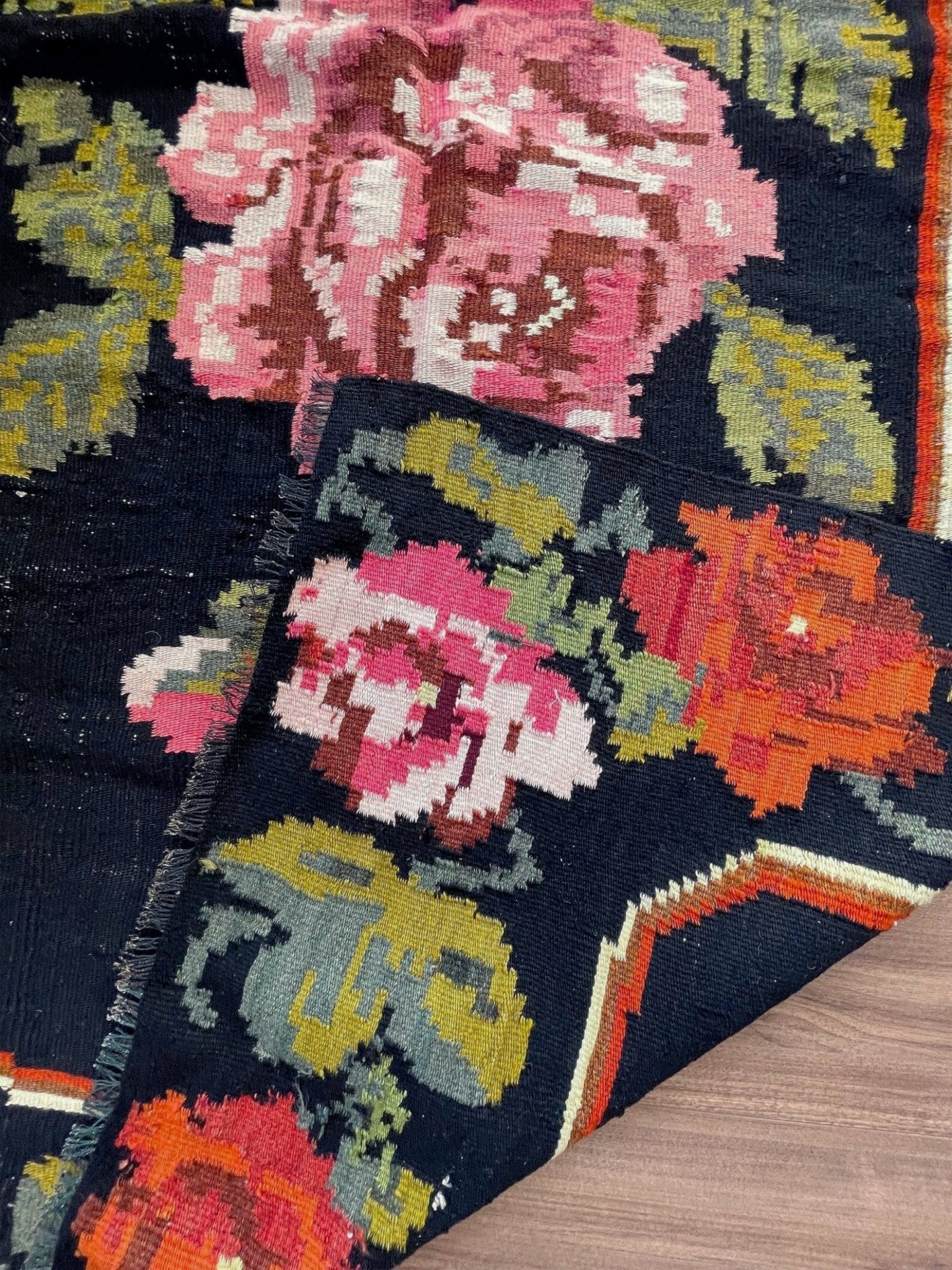 Vintage moldovan floral kilim rug 5x8 handmade rose design black background flatweave 1960s eastern european wool rug san francisco bay area rug shop indigo rugs