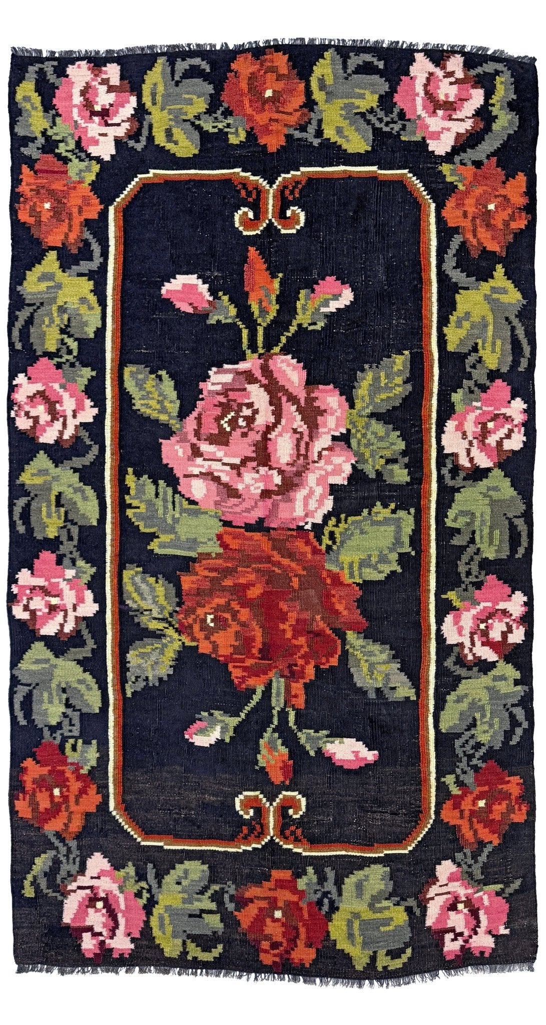 Decorative rug with floral pattern on a dark background. Vintage moldovan floral kilim rug 5x8 handmade rose design black background flatweave 1960s eastern european wool rug san francisco bay area rug shop indigo rugs