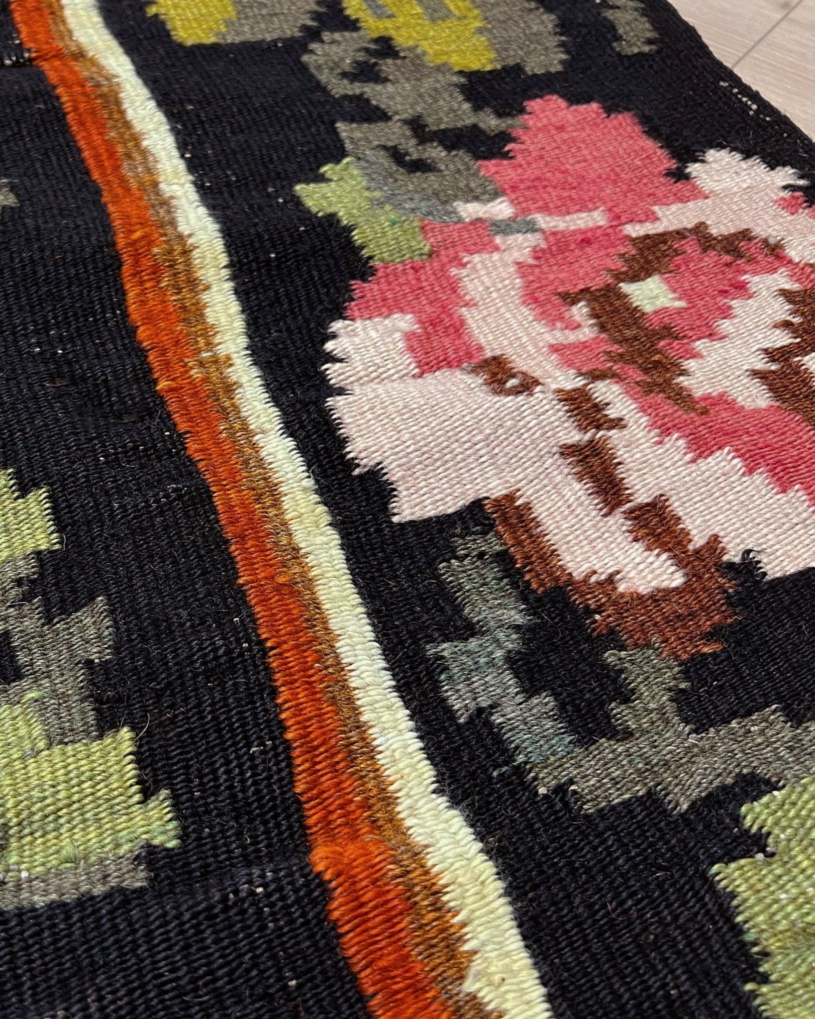 Vintage moldovan floral kilim rug 5x8 handmade rose design black background flatweave 1960s eastern european wool rug san francisco bay area rug shop indigo rugs