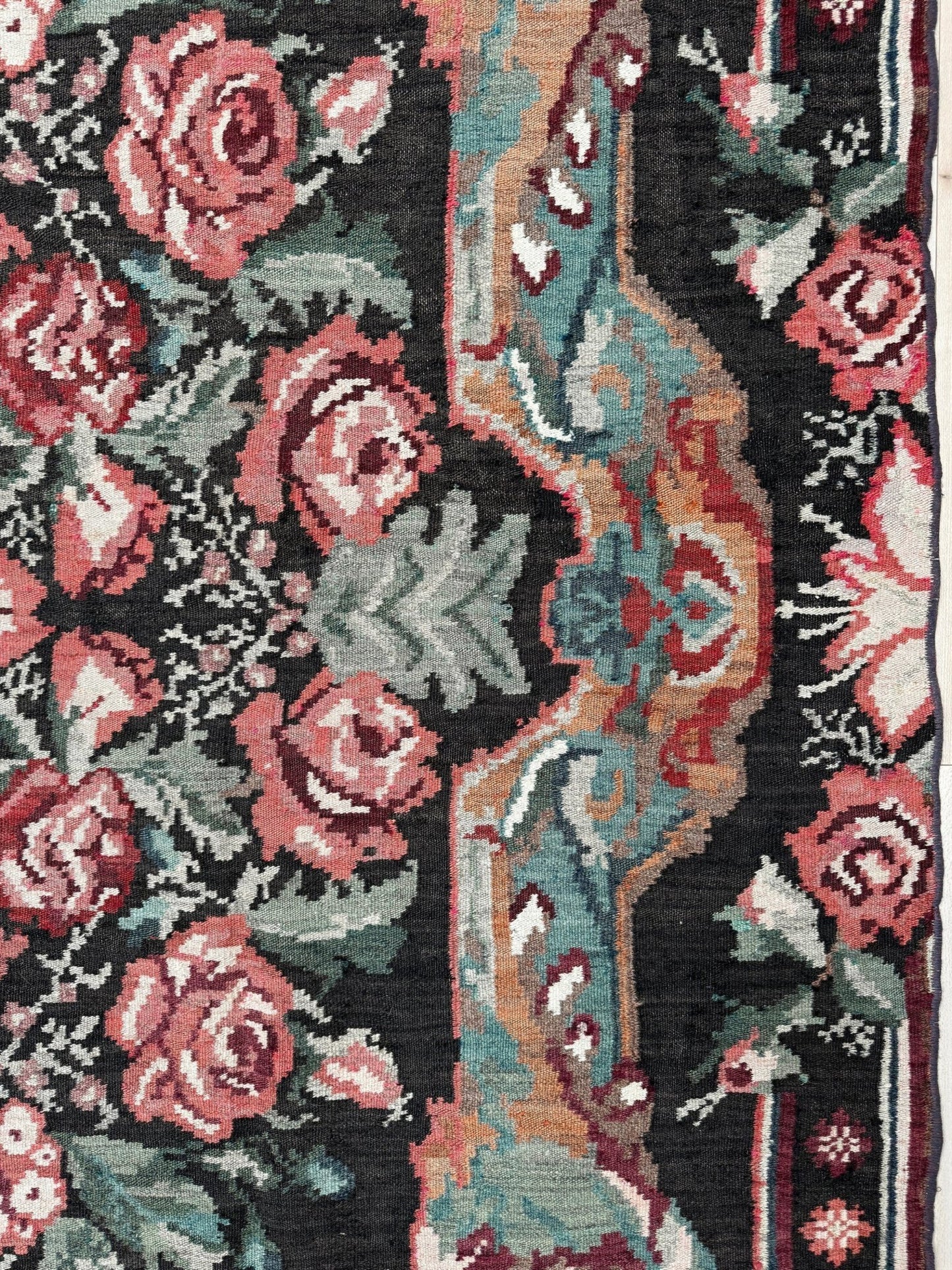 Vintage Moldovan rose kilim floral rug handmade wool flatweave 6x10  from Indigo Rugs Burlingame Bay Area.