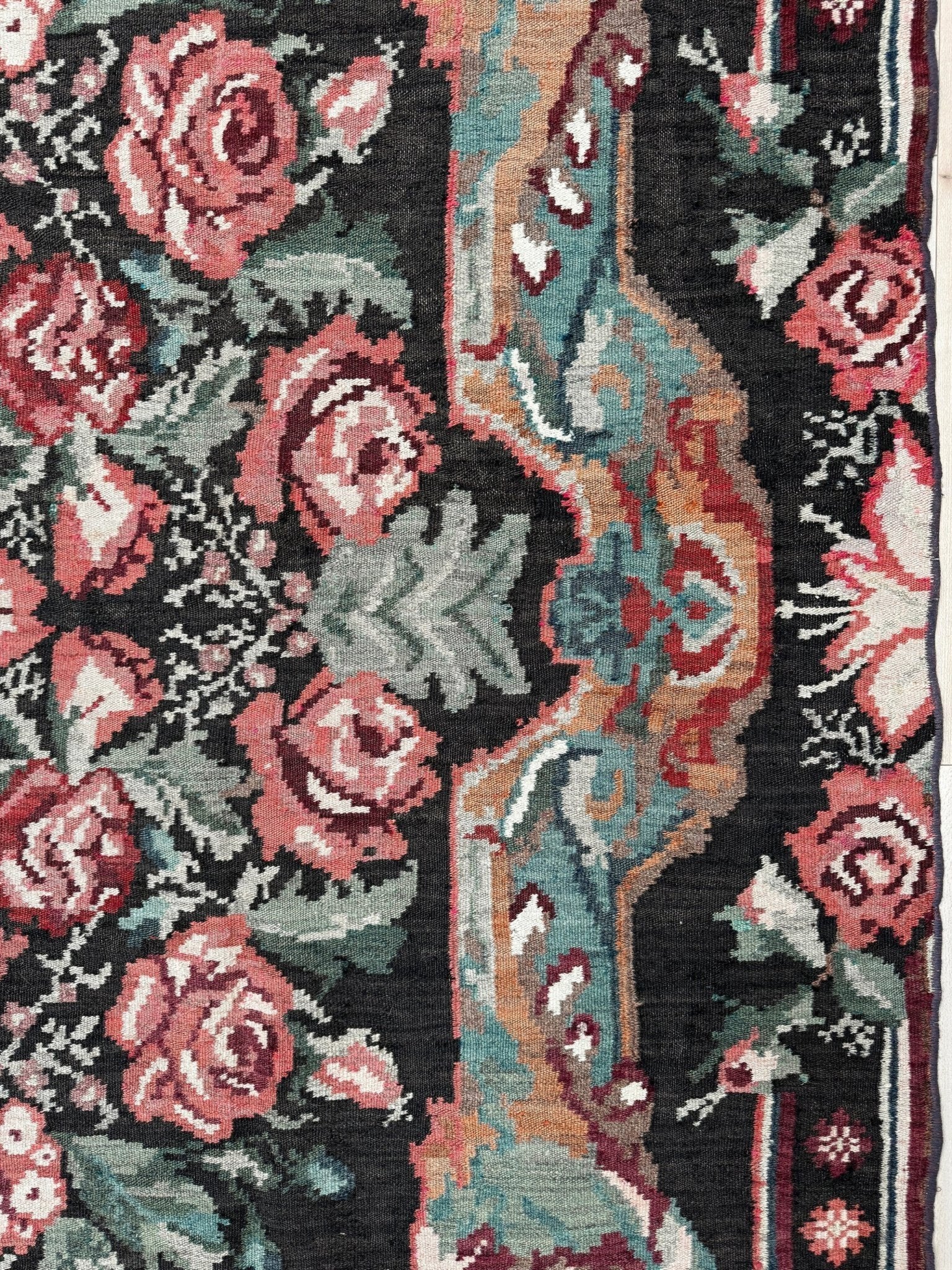 Vintage Moldovan rose kilim floral rug handmade wool flatweave 6x10  from Indigo Rugs Burlingame Bay Area.
