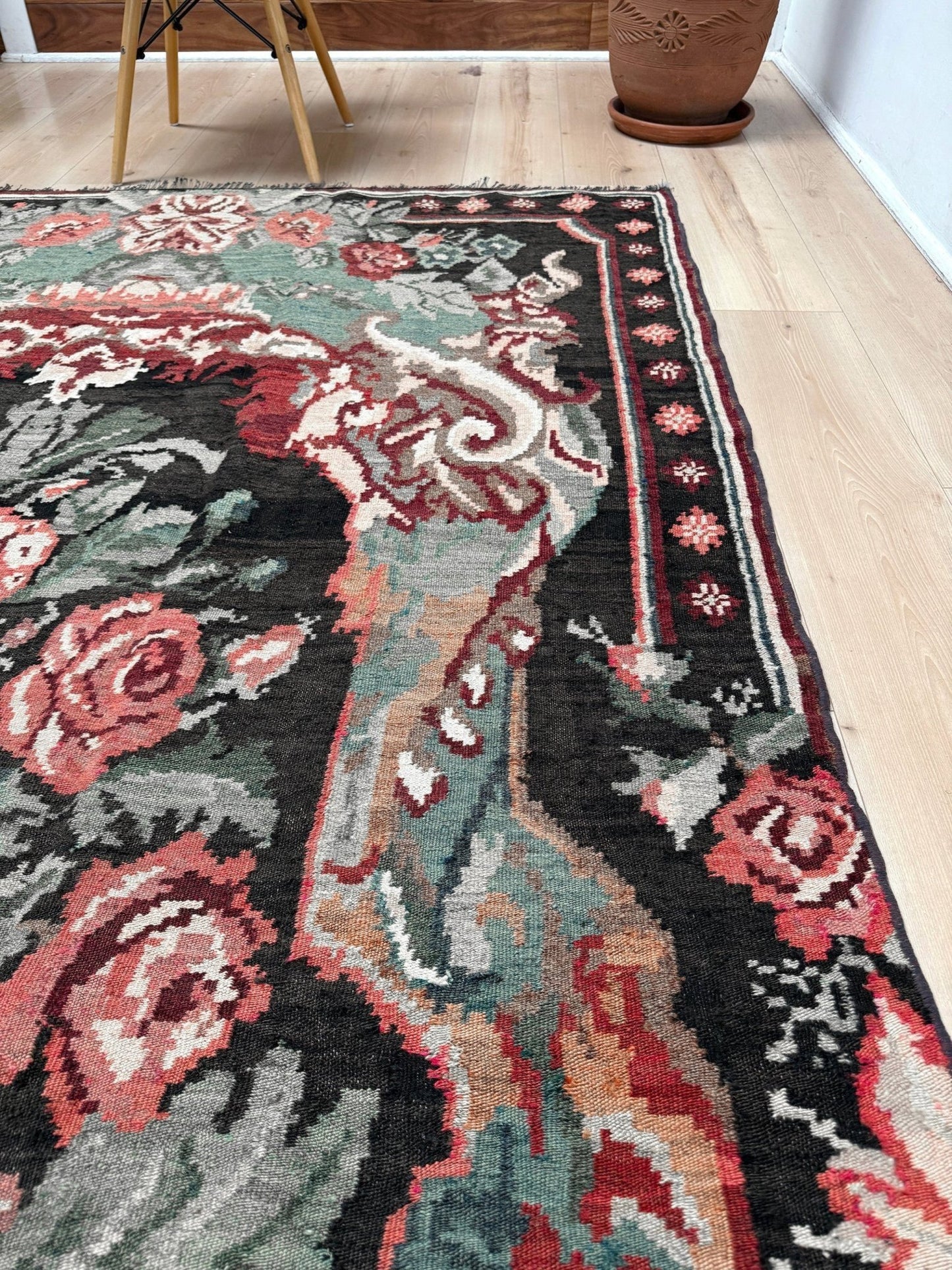 Vintage Moldovan rose kilim floral rug handmade wool flatweave 6x10  from Indigo Rugs Burlingame Bay Area.