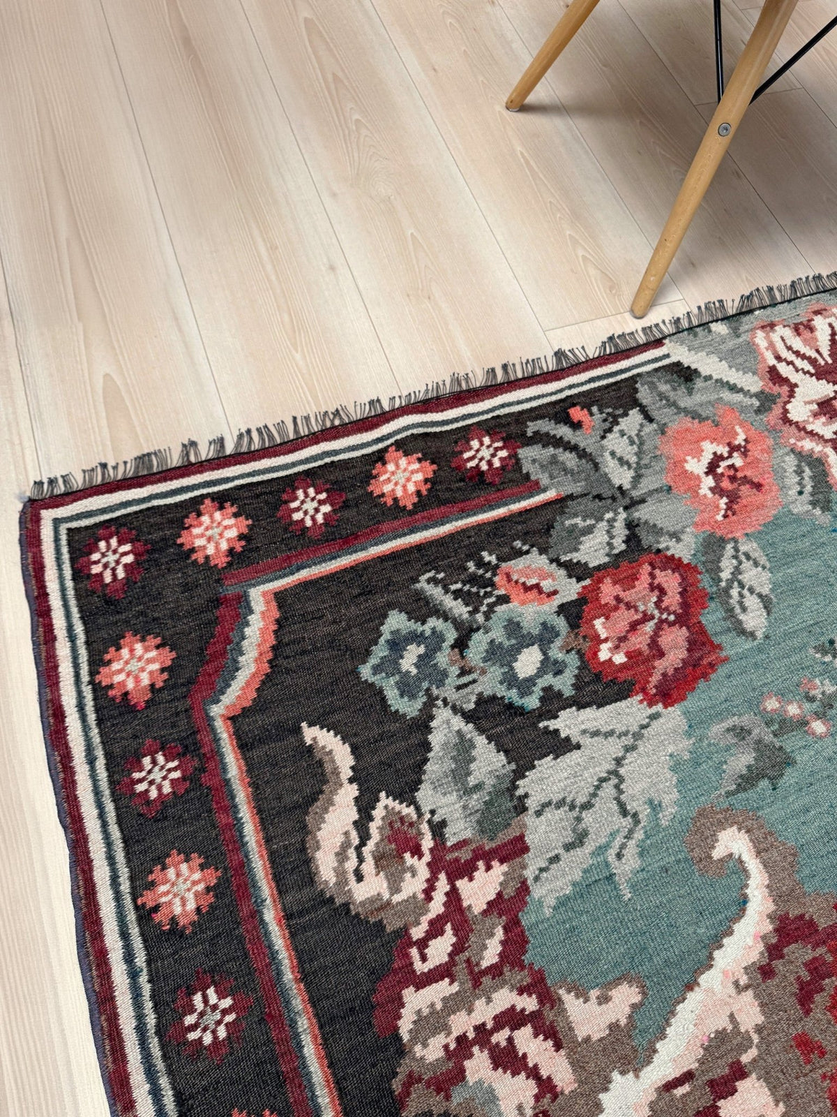 Vintage Moldovan rose kilim floral rug handmade wool flatweave 6x10  from Indigo Rugs Burlingame Bay Area.