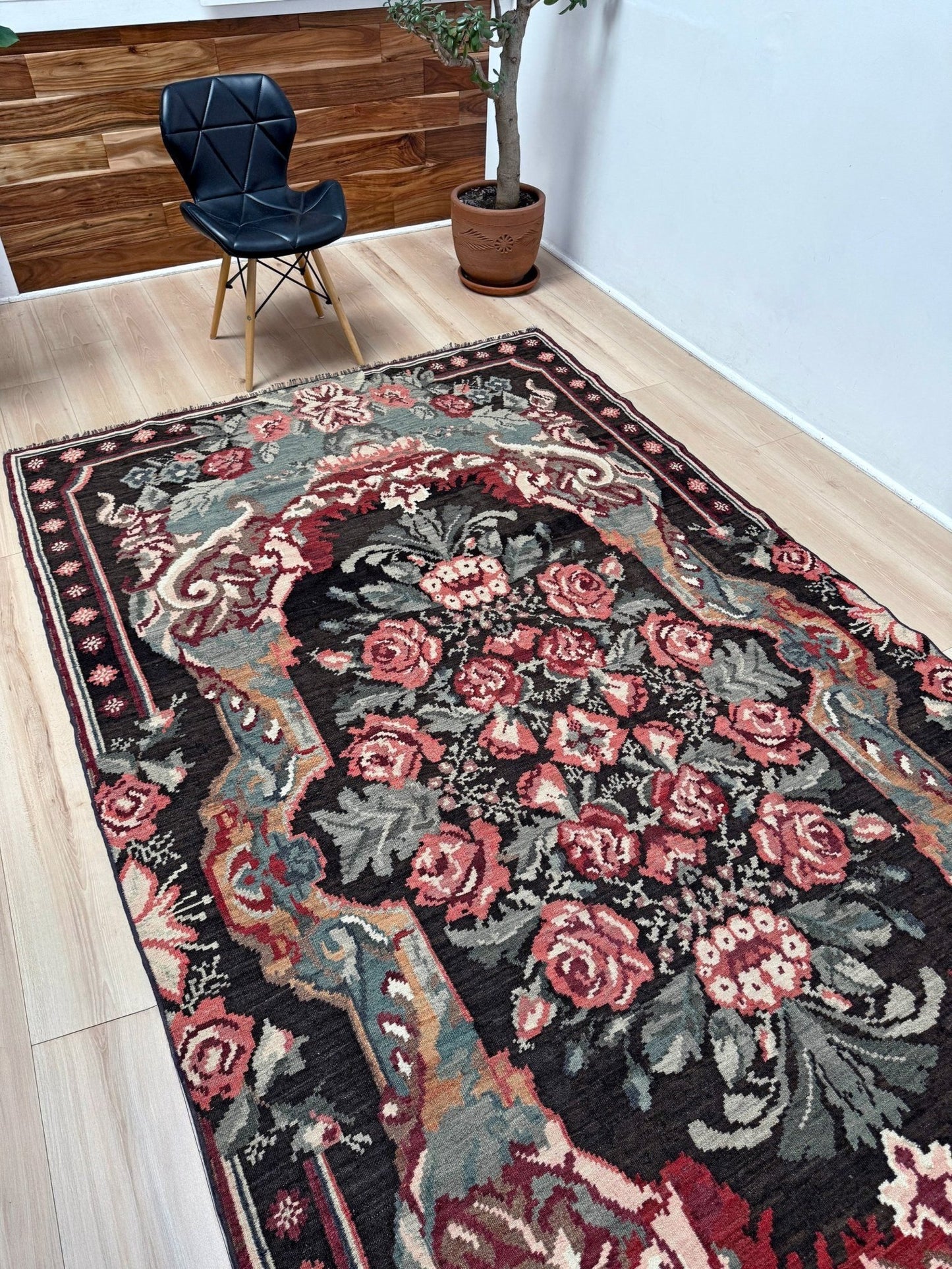 Vintage Moldovan rose kilim floral rug handmade wool flatweave 6x10  from Indigo Rugs Burlingame Bay Area.