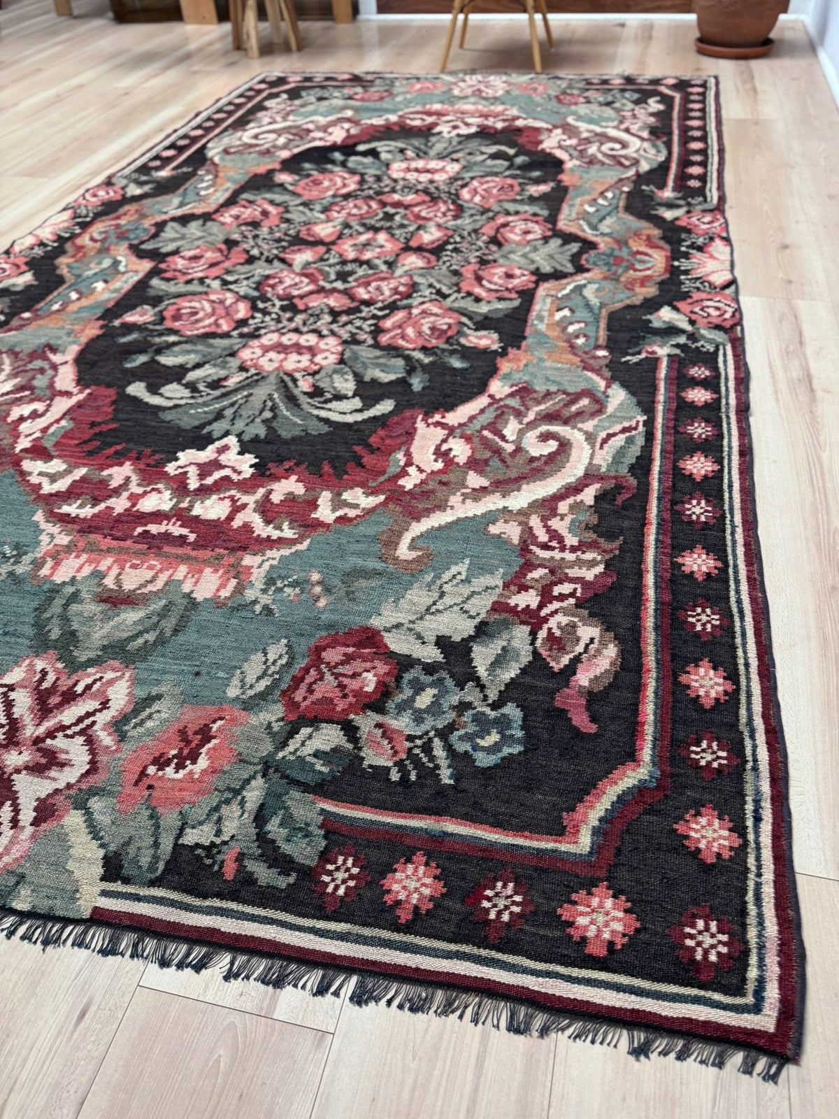 Vintage Moldovan rose kilim floral rug handmade wool flatweave 6x10  from Indigo Rugs Burlingame Bay Area.