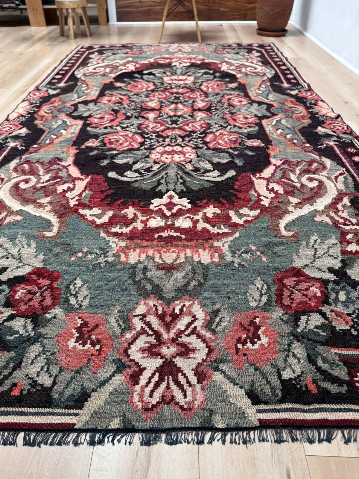 Vintage Moldovan rose kilim floral rug handmade wool flatweave 6x10  from Indigo Rugs Burlingame Bay Area.