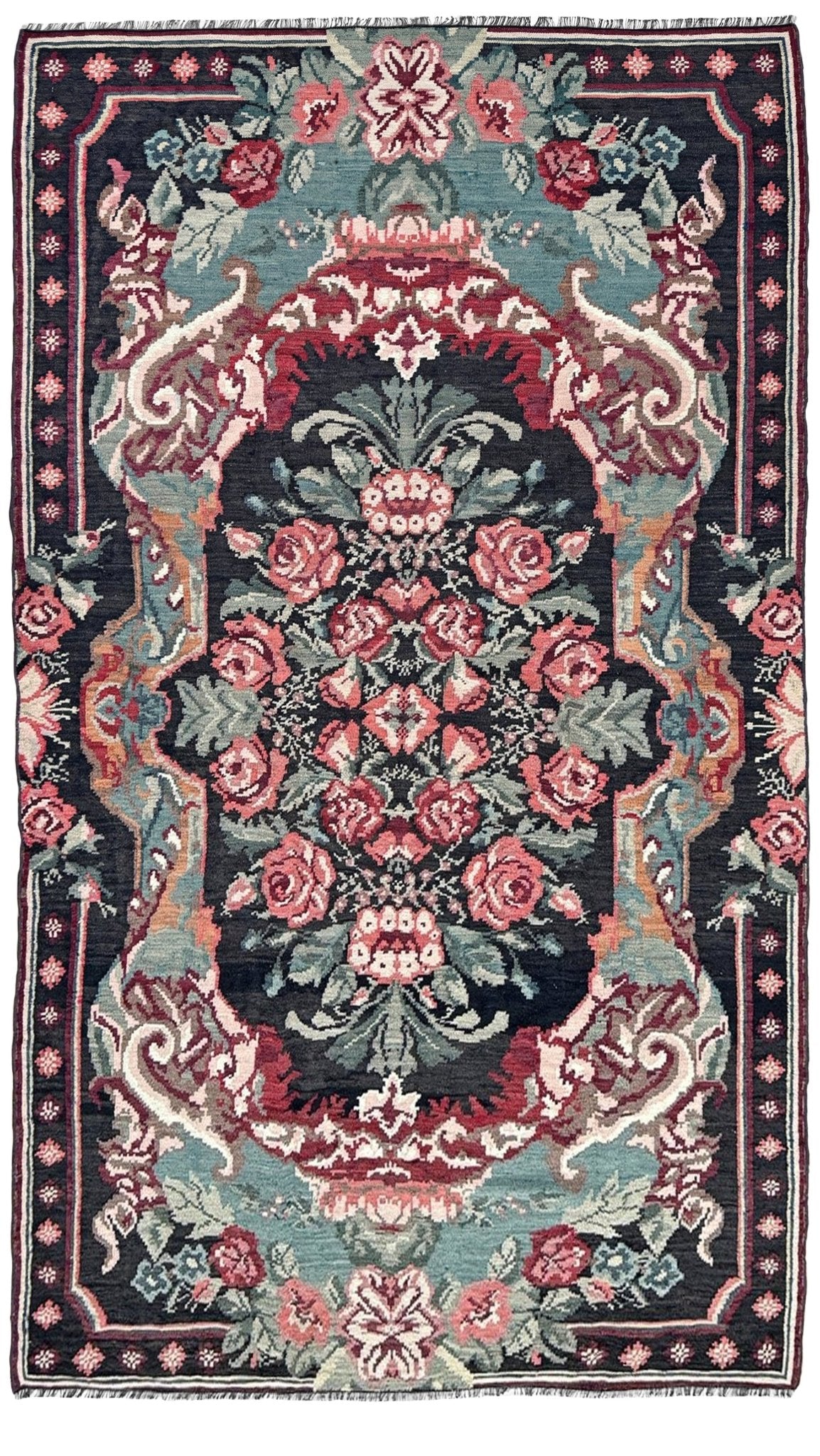 Vintage Moldovan rose kilim floral rug handmade wool flatweave 6x10  from Indigo Rugs Burlingame Bay Area.