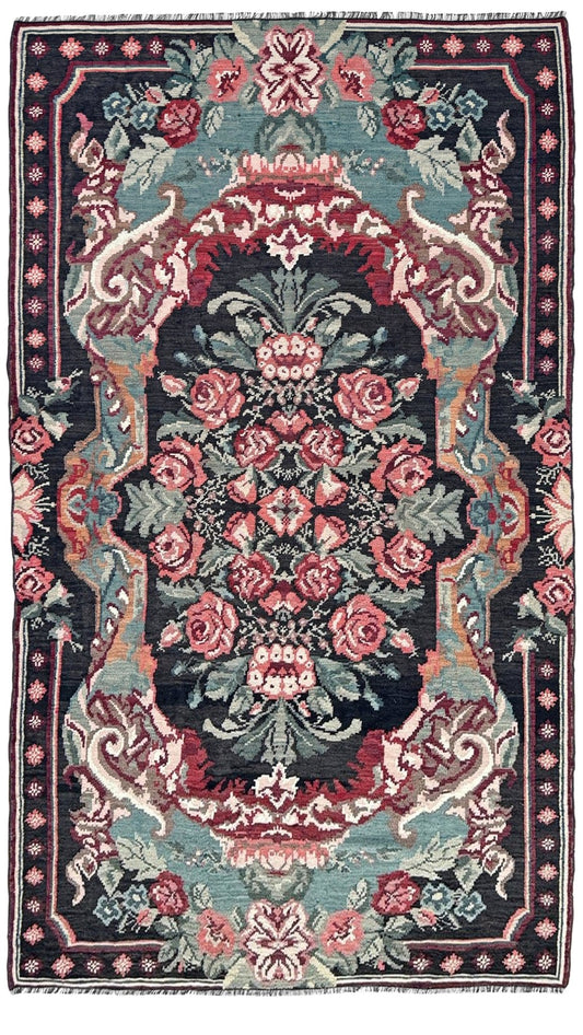 Vintage Moldovan rose kilim floral rug handmade wool flatweave 6x10  from Indigo Rugs Burlingame Bay Area.