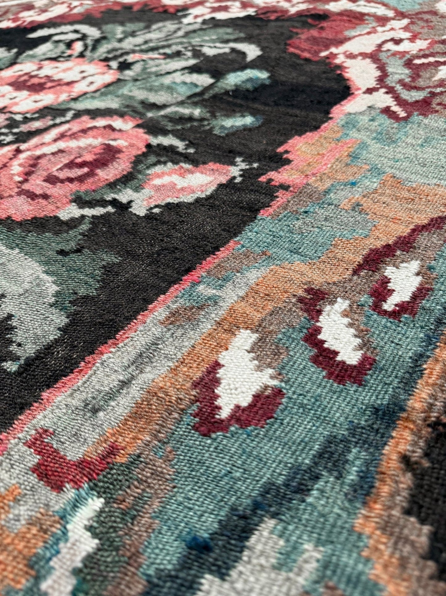 Vintage Moldovan rose kilim floral rug handmade wool flatweave 6x10  from Indigo Rugs Burlingame Bay Area.