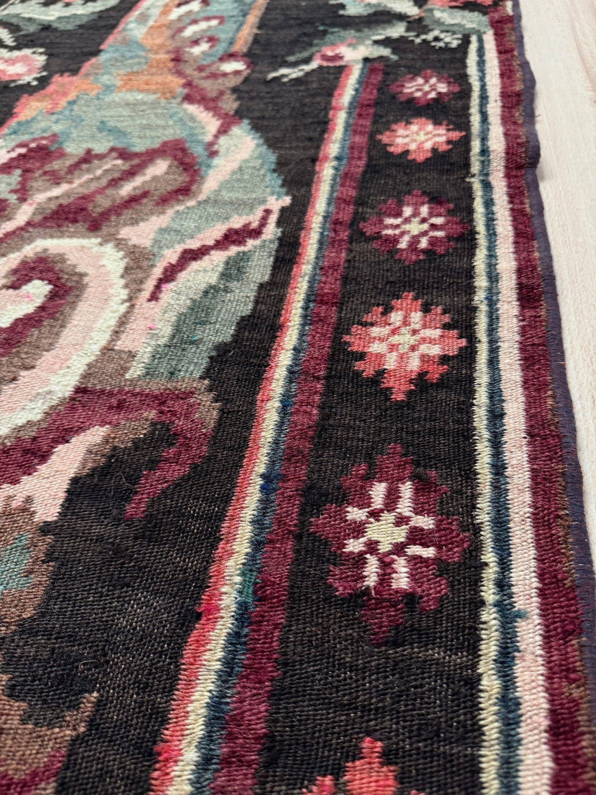Vintage Moldovan rose kilim floral rug handmade wool flatweave 6x10  from Indigo Rugs Burlingame Bay Area.