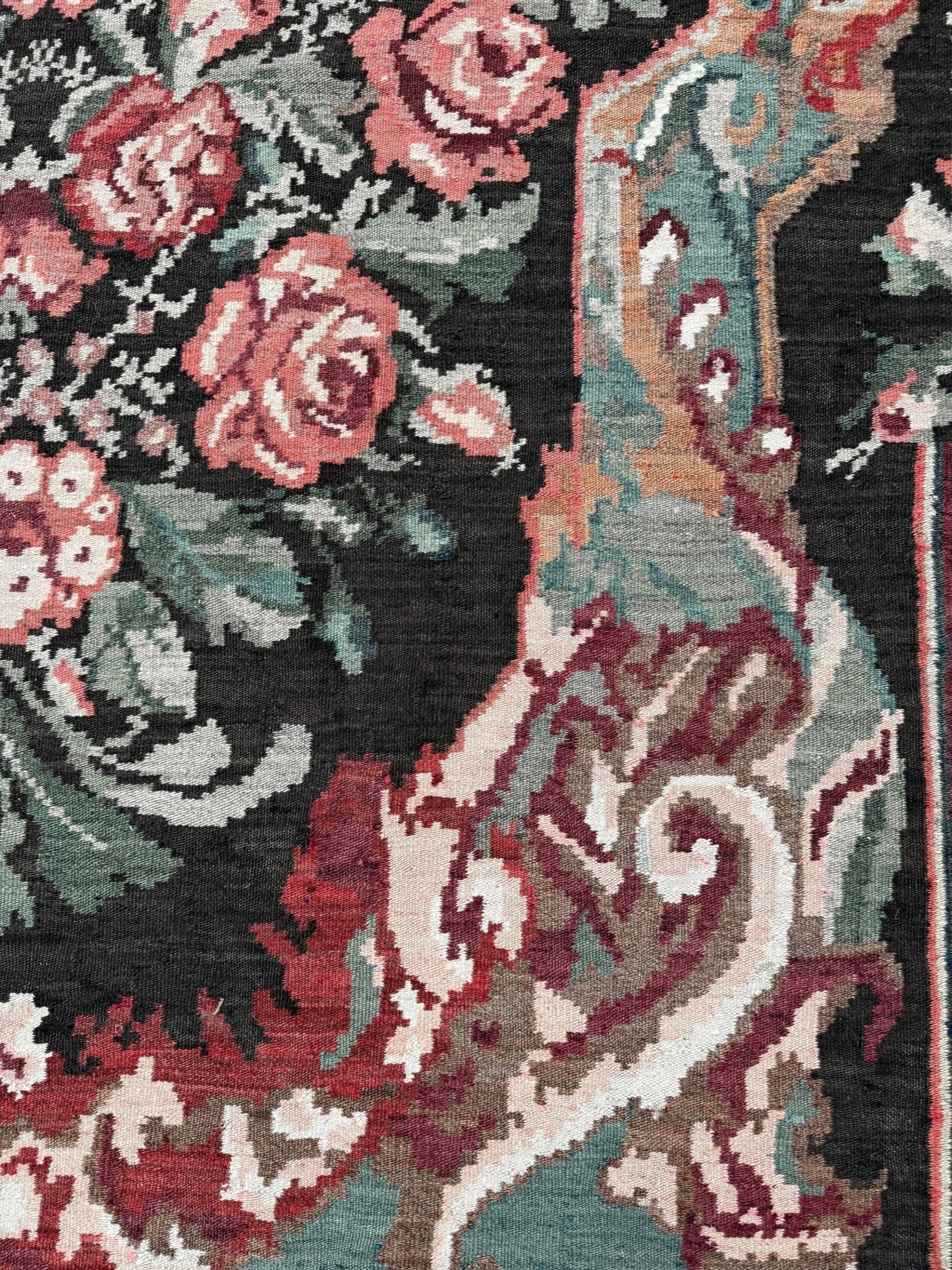 Vintage Moldovan rose kilim floral rug handmade wool flatweave 6x10  from Indigo Rugs Burlingame Bay Area.