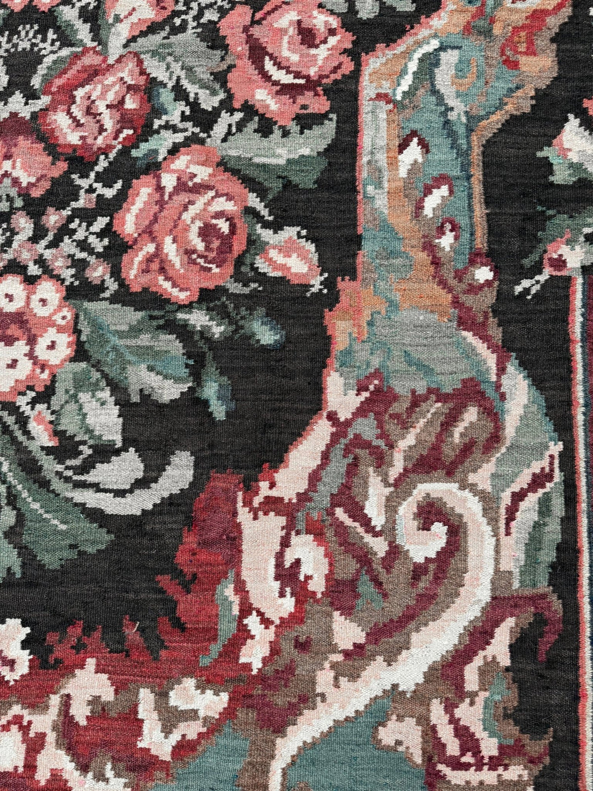 Vintage Moldovan rose kilim floral rug handmade wool flatweave 6x10  from Indigo Rugs Burlingame Bay Area.