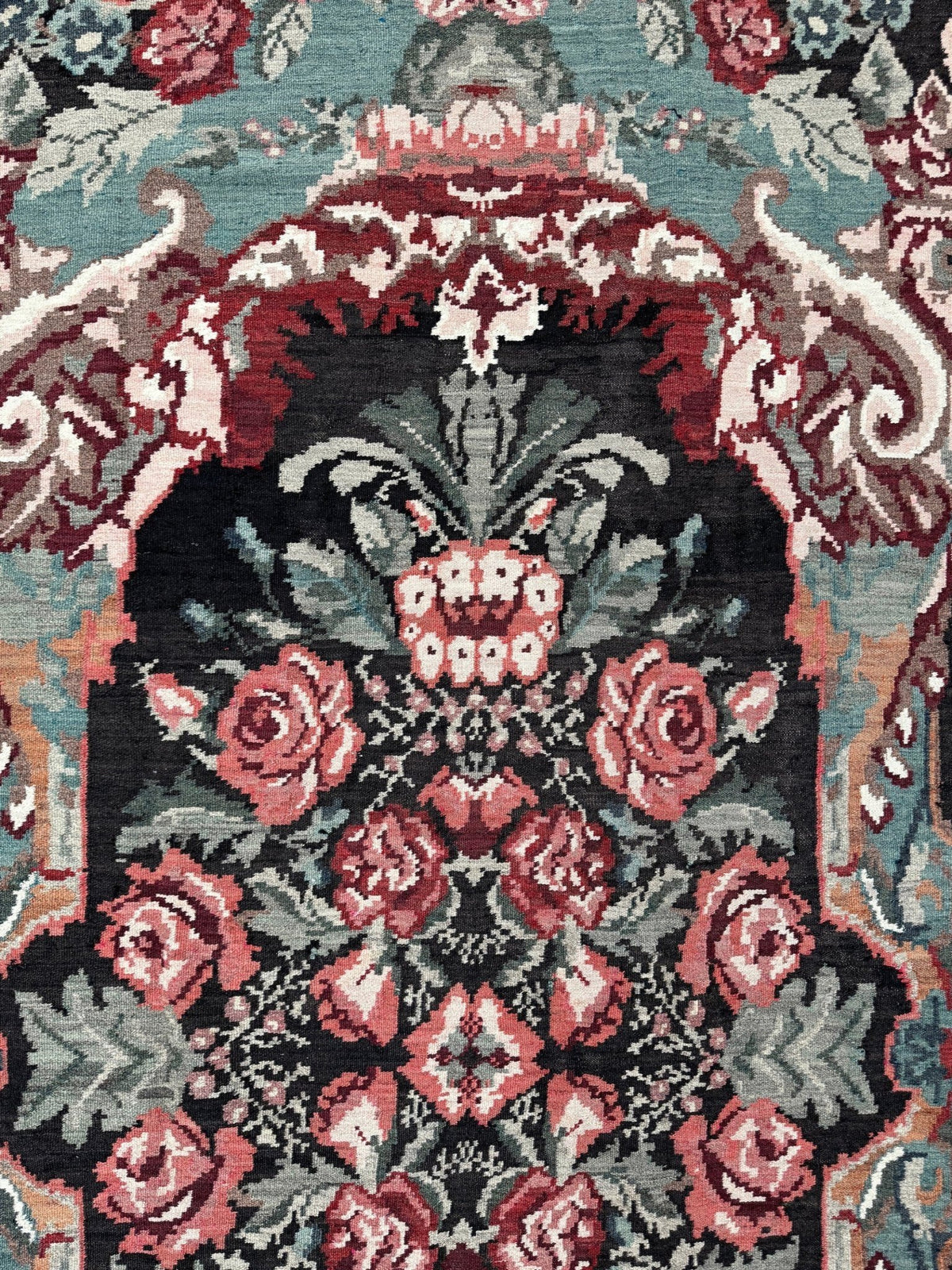 Vintage Moldovan rose kilim floral rug handmade wool flatweave 6x10  from Indigo Rugs Burlingame Bay Area.