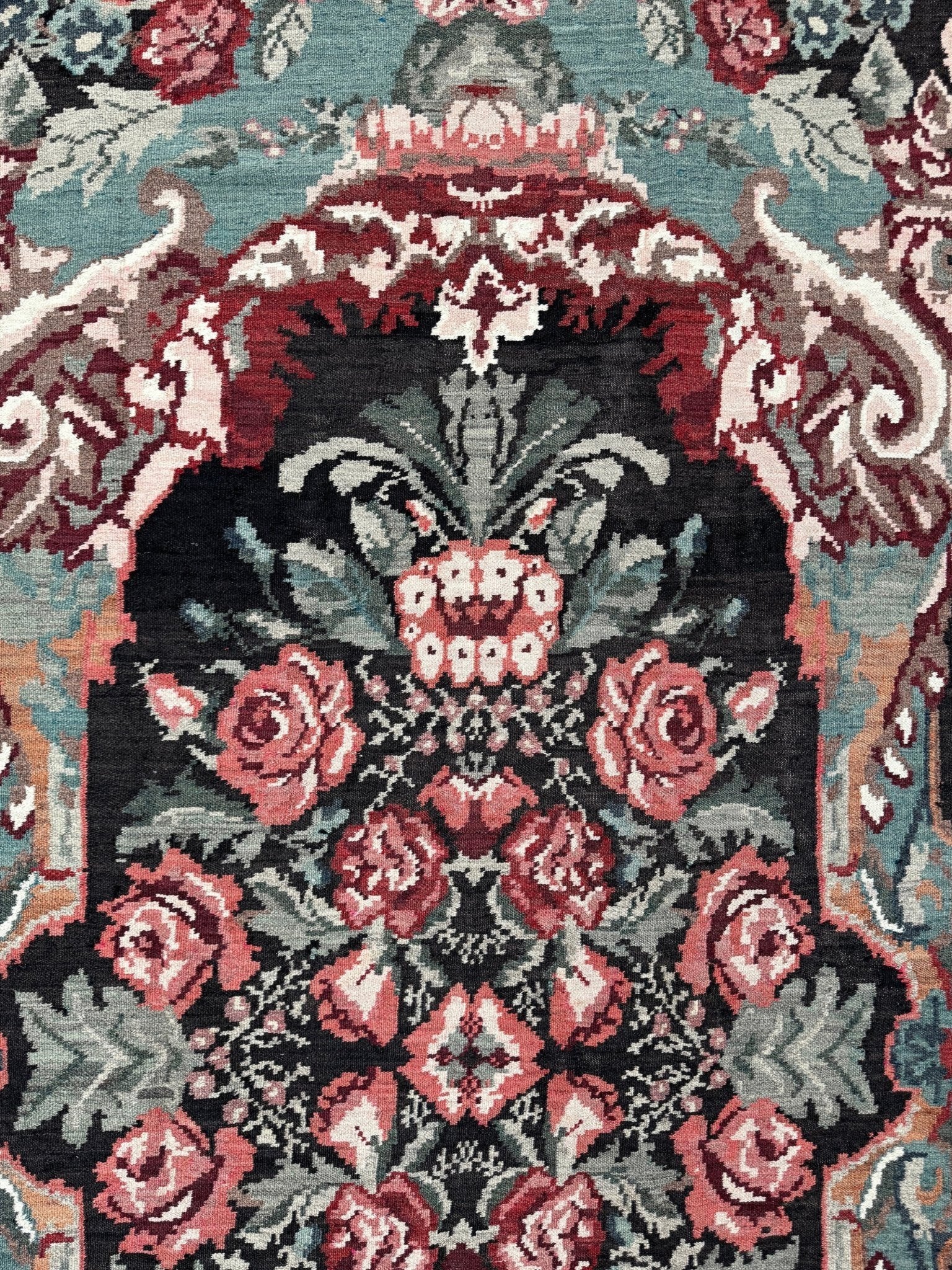 Vintage Moldovan rose kilim floral rug handmade wool flatweave 6x10  from Indigo Rugs Burlingame Bay Area.