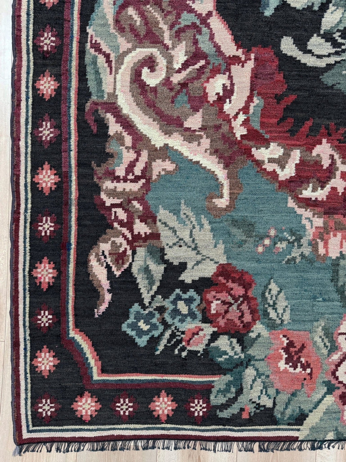 Vintage Moldovan rose kilim floral rug handmade wool flatweave 6x10  from Indigo Rugs Burlingame Bay Area.