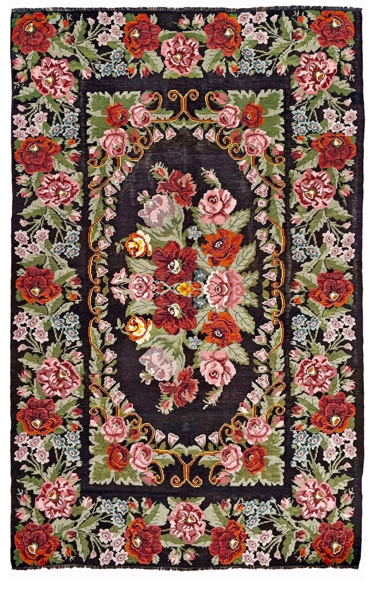 Vintage Moldovan rose floral kilim rug, 8x13, with black-brown field and large floral bouquet design in pink, red, sage, lavender, and sky blue tones.