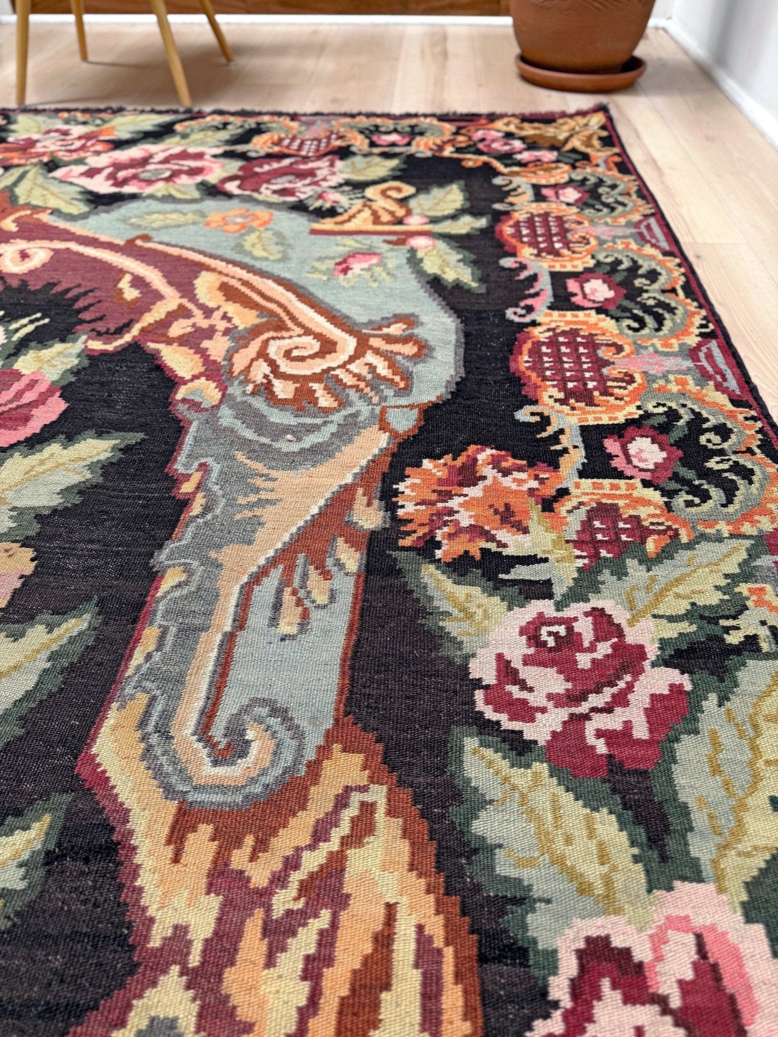 Vintage Moldovan rose kilim rug 7x11 with floral design in charcoal, rose, and sage hues – handmade wool flatweave from Eastern Europe, available at the best rug shop in San Mateo, SF Bay Area with free shipping.