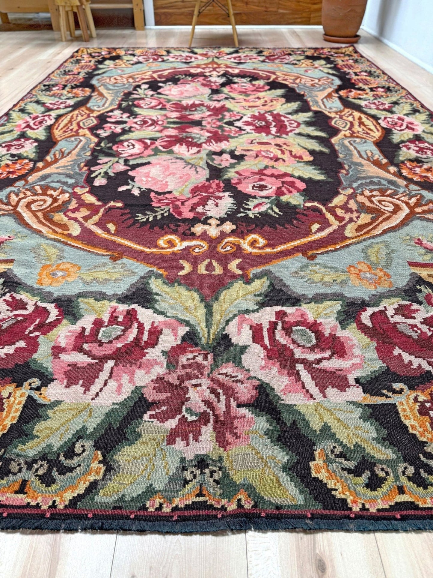 Vintage Moldovan rose kilim rug 7x11 with floral design in charcoal, rose, and sage hues – handmade wool flatweave from Eastern Europe, available at the best rug shop in San Mateo, SF Bay Area with free shipping.
