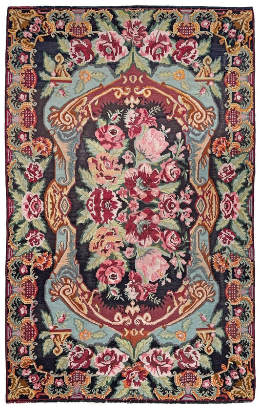 Vintage Moldovan rose kilim rug 7x11 with floral design in charcoal, rose, and sage hues – handmade wool flatweave from Eastern Europe, available at the best rug shop in San Mateo, SF Bay Area with free shipping.
