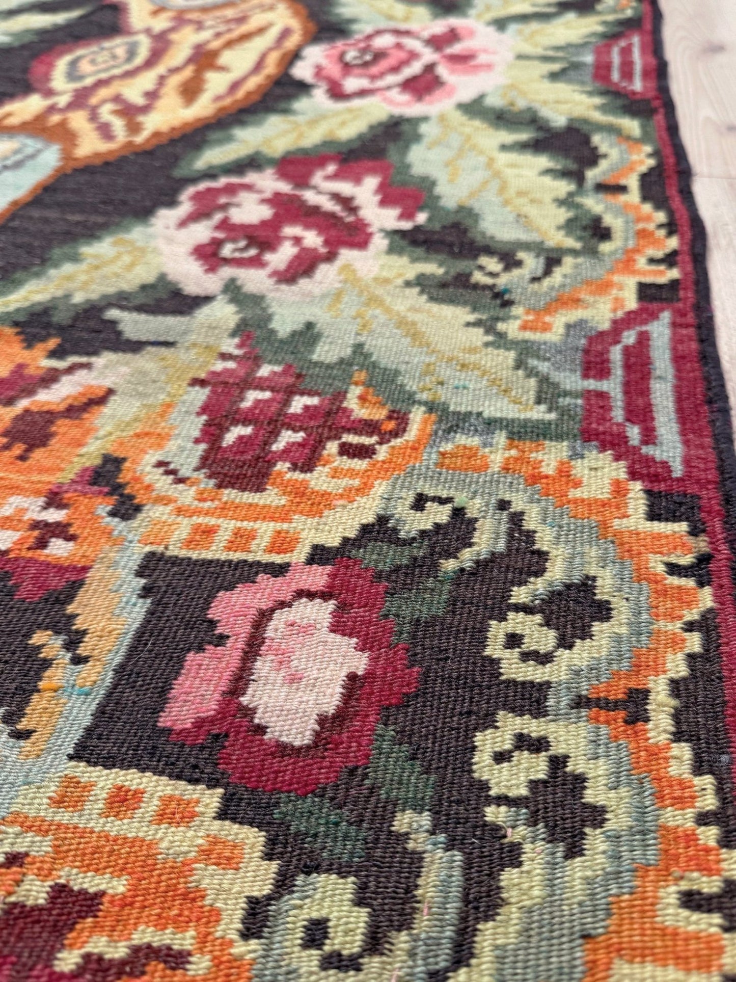 Vintage Moldovan rose kilim rug 7x11 with floral design in charcoal, rose, and sage hues – handmade wool flatweave from Eastern Europe, available at the best rug shop in San Mateo, SF Bay Area with free shipping.