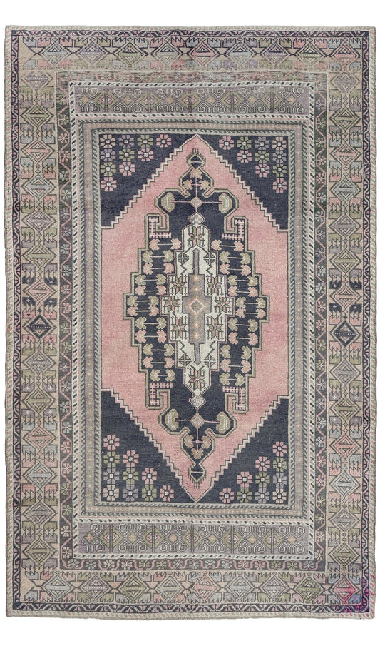 pastel vintage turkish obruk rug 4x7 handwoven anatolian wool rug dusty rose field charcoal navy medallion floral border low pile vintage rug indigo rugs san francisco bay area