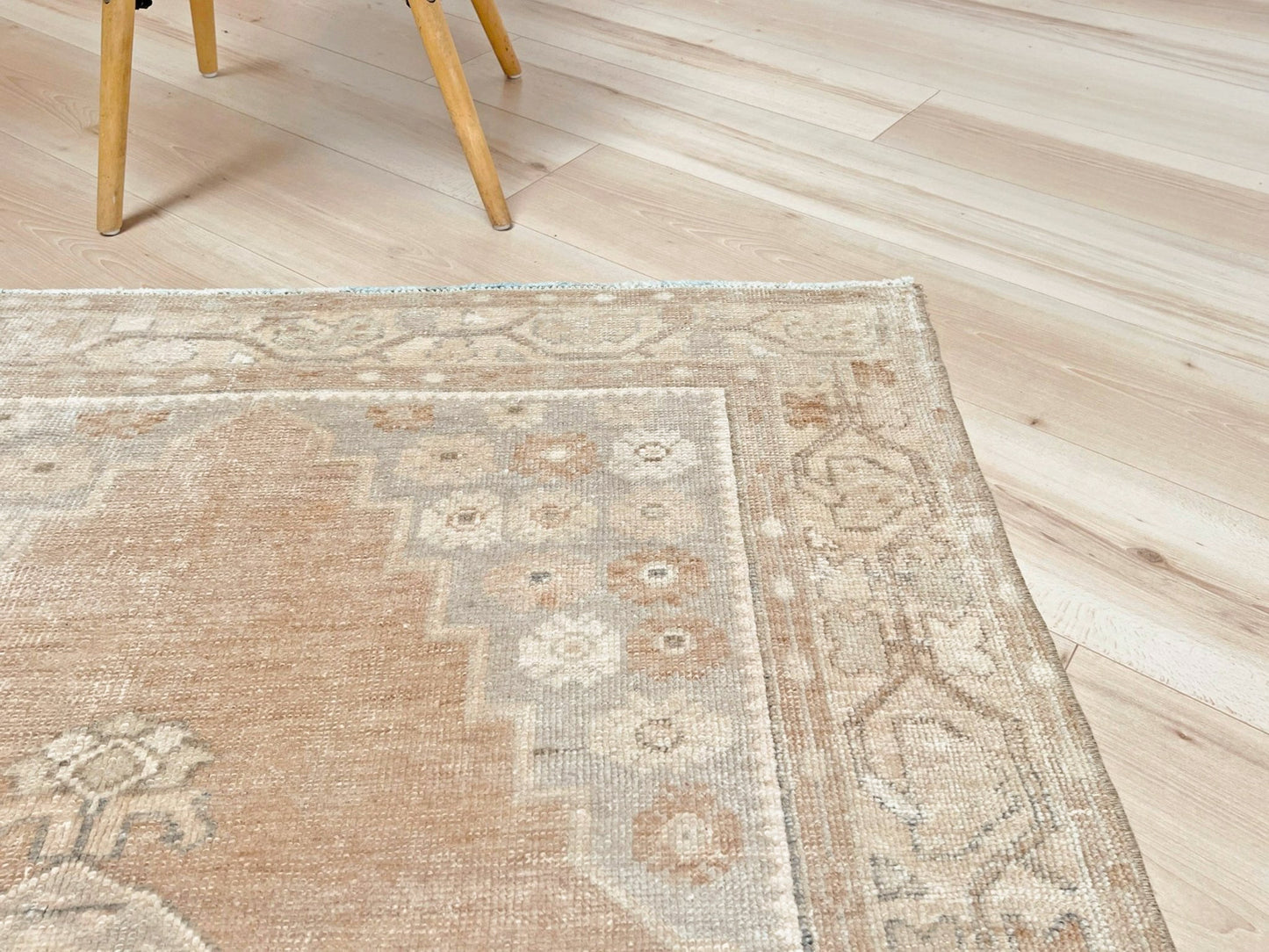 muted oushak turkish vintage runner rug 3x7 distressed low pile soft neutral beige taupe floral medallion transitional wool rug indigo rugs san francisco bay area