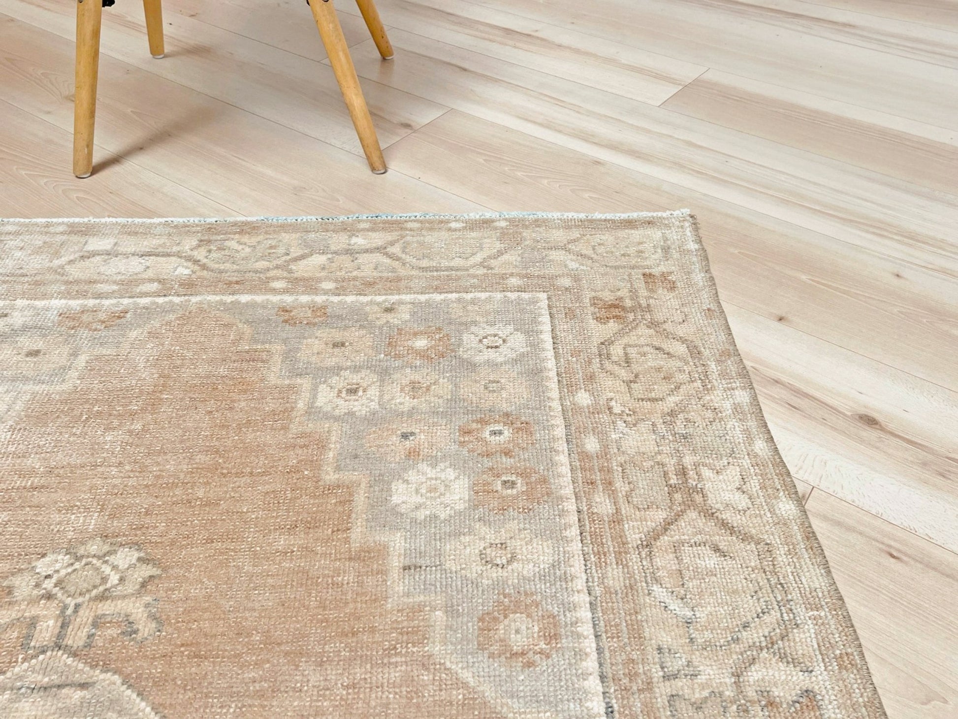 muted oushak turkish vintage runner rug 3x7 distressed low pile soft neutral beige taupe floral medallion transitional wool rug indigo rugs san francisco bay area