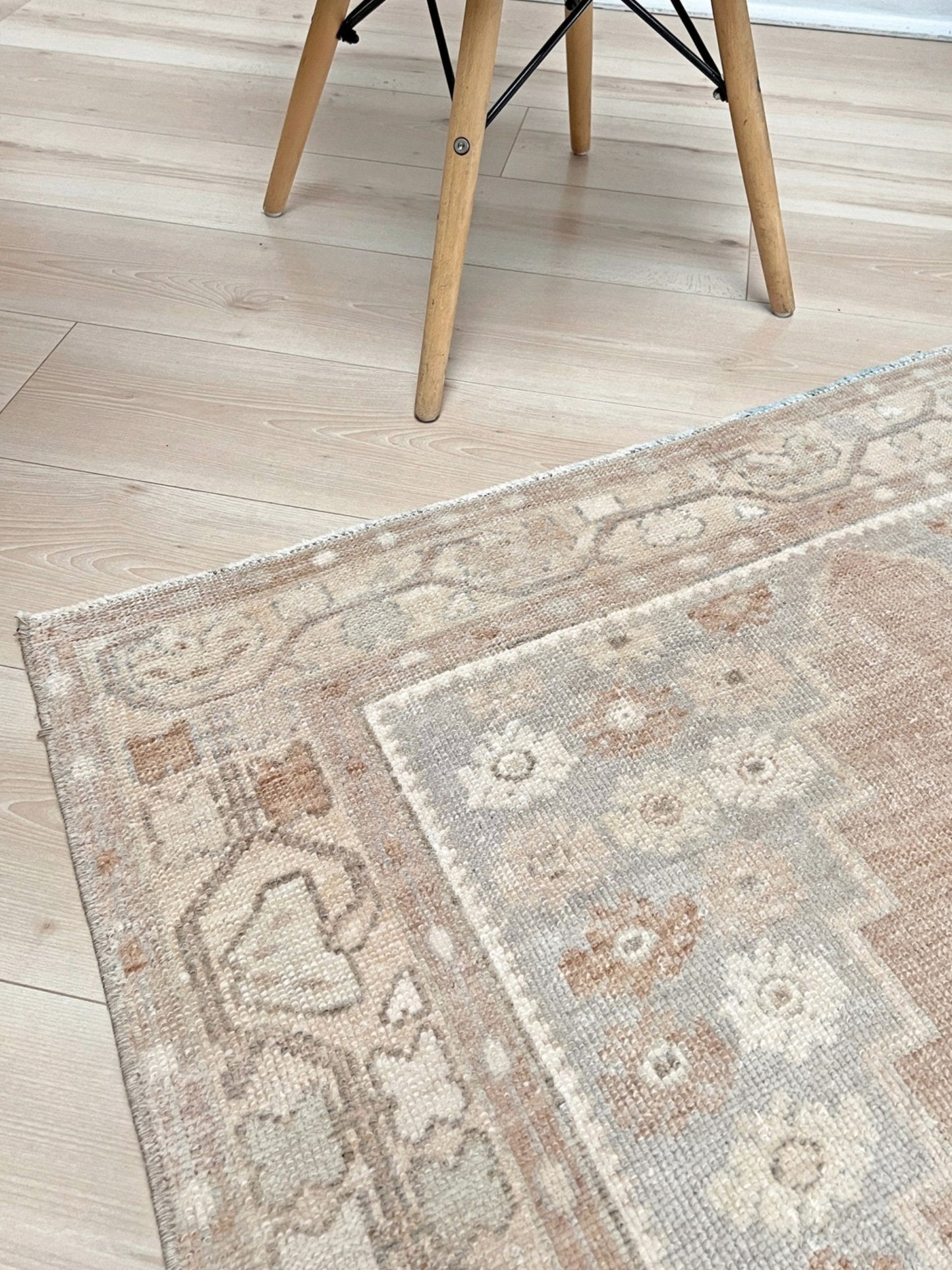 muted oushak turkish vintage runner rug 3x7 distressed low pile soft neutral beige taupe floral medallion transitional wool rug indigo rugs san francisco bay area