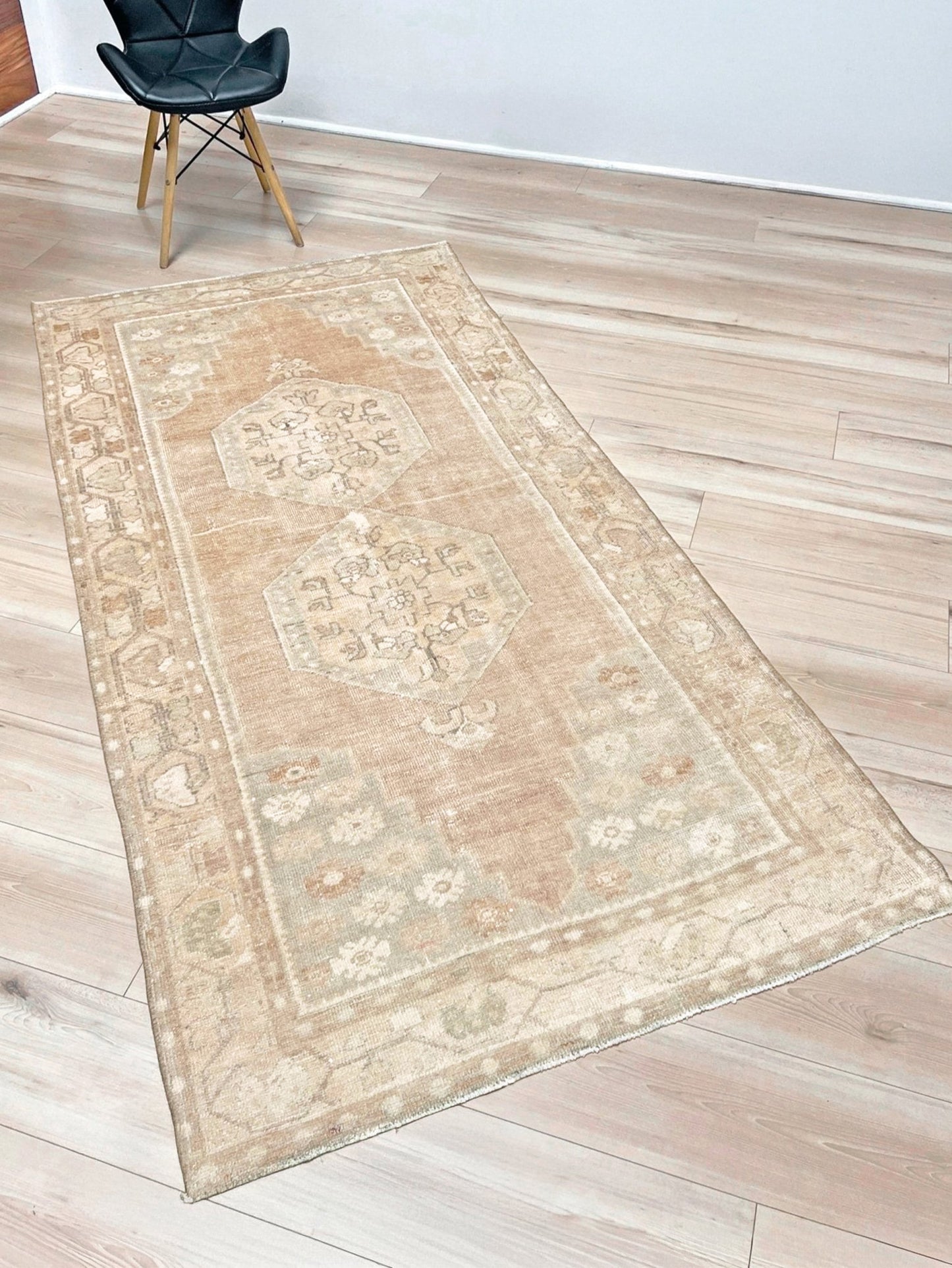muted oushak turkish vintage runner rug 3x7 distressed low pile soft neutral beige taupe floral medallion transitional wool rug indigo rugs san francisco bay area