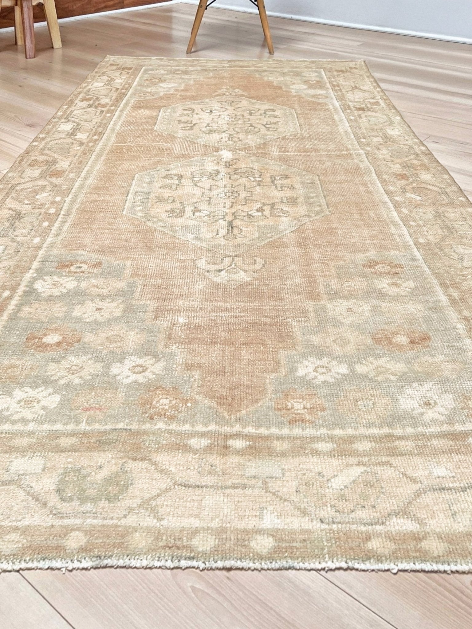 muted oushak turkish vintage runner rug 3x7 distressed low pile soft neutral beige taupe floral medallion transitional wool rug indigo rugs san francisco bay area