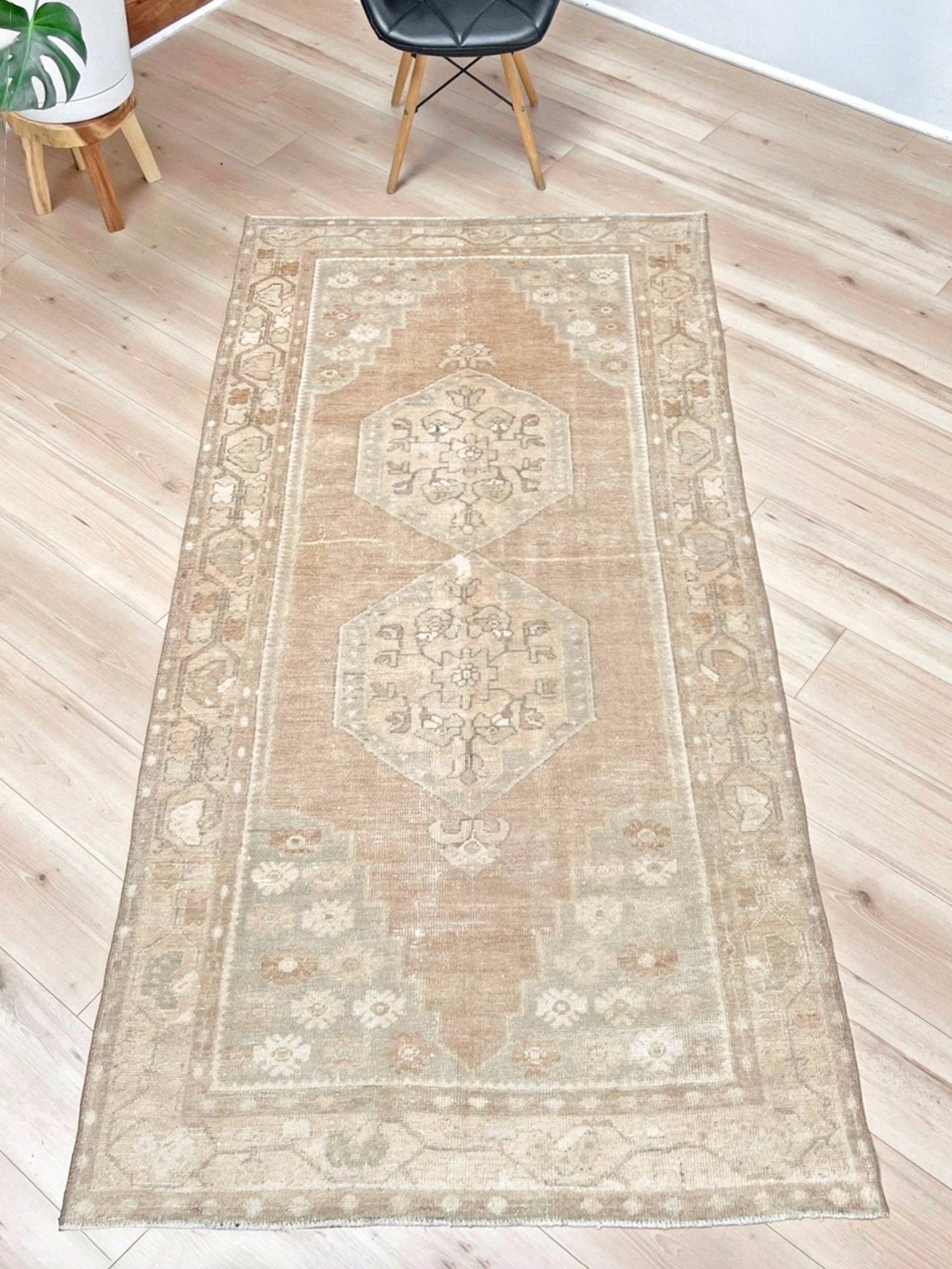 muted oushak turkish vintage runner rug 3x7 distressed low pile soft neutral beige taupe floral medallion transitional wool rug indigo rugs san francisco bay area
