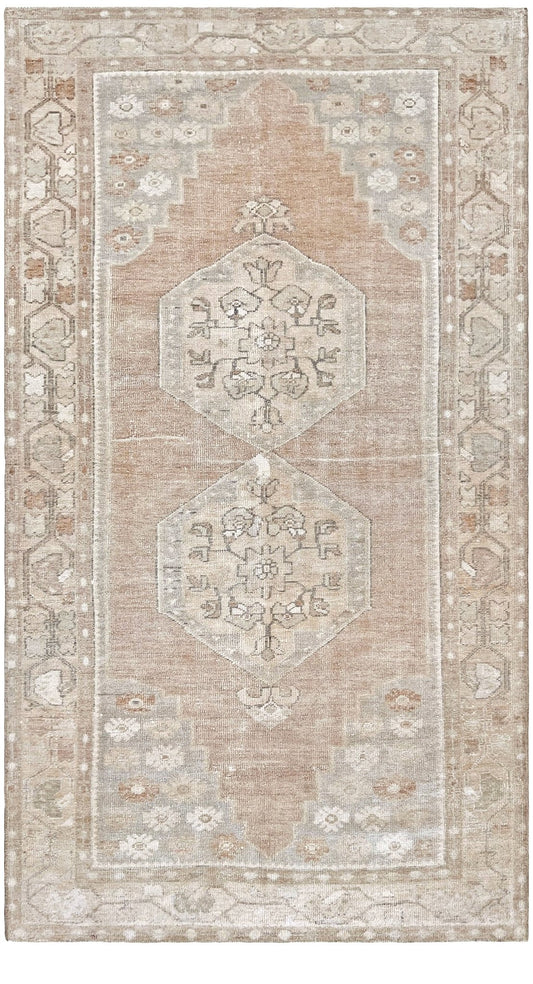 muted oushak turkish vintage runner rug 3x7 distressed low pile soft neutral beige taupe floral medallion transitional wool rug indigo rugs san francisco bay area